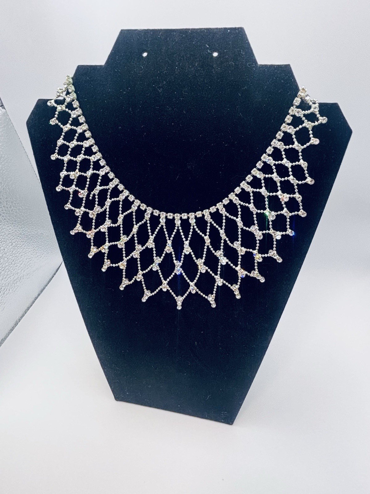 Vintage Rhinestone Bib Collar Necklace Silver Tone Drape Lattice Statement