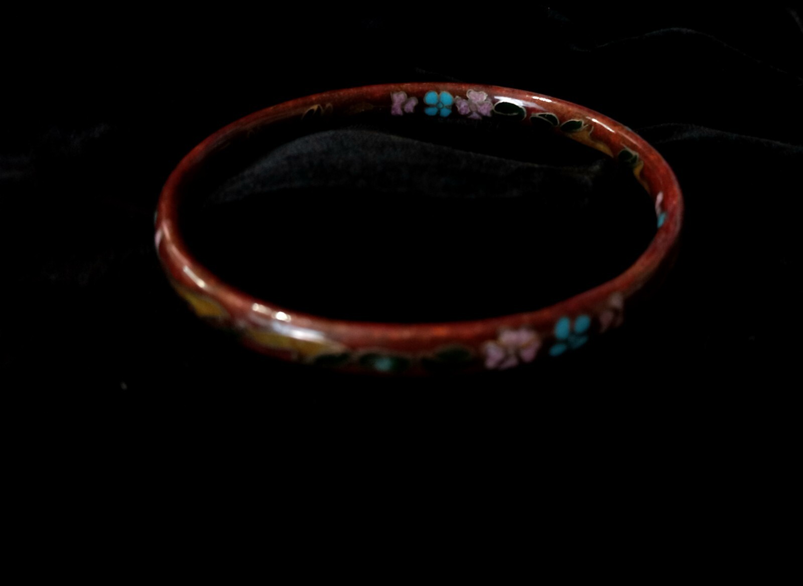 Vintage Chinese Redish Brown Gold Cloisonne Enameled Flower Bangle Bracelet