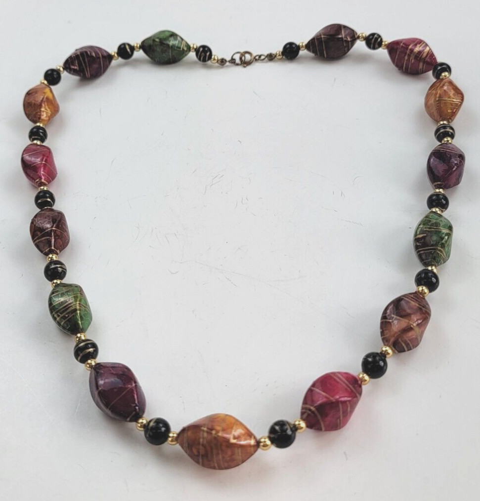 Vintage Colorful Twisted Plastic Bead Necklace Gold-Tone Detail 23.5 in