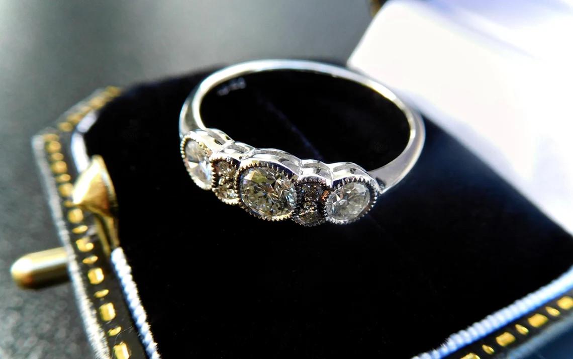 1 Ctw White Round Simulated Diamond Three Stone Art Deco Style 925 Silver Ring