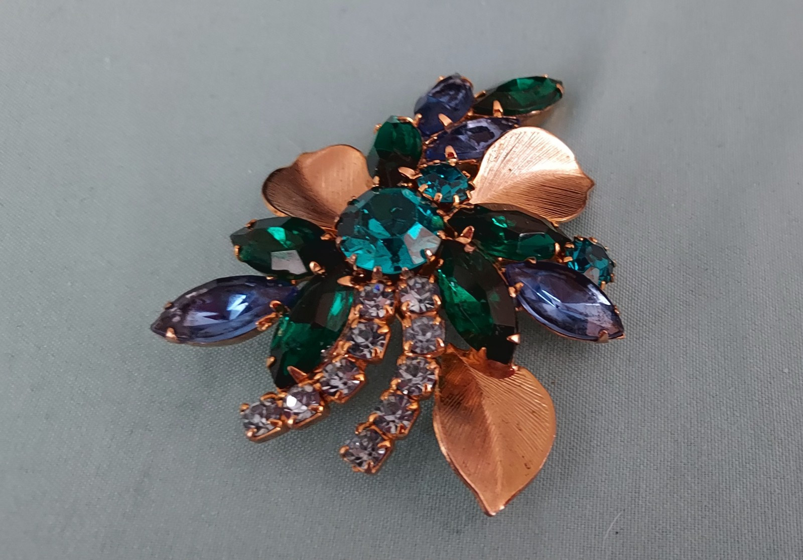 Juliana Delizza Elster Brooch Green And BLUE Rhinestone AB Beads Gold Pin