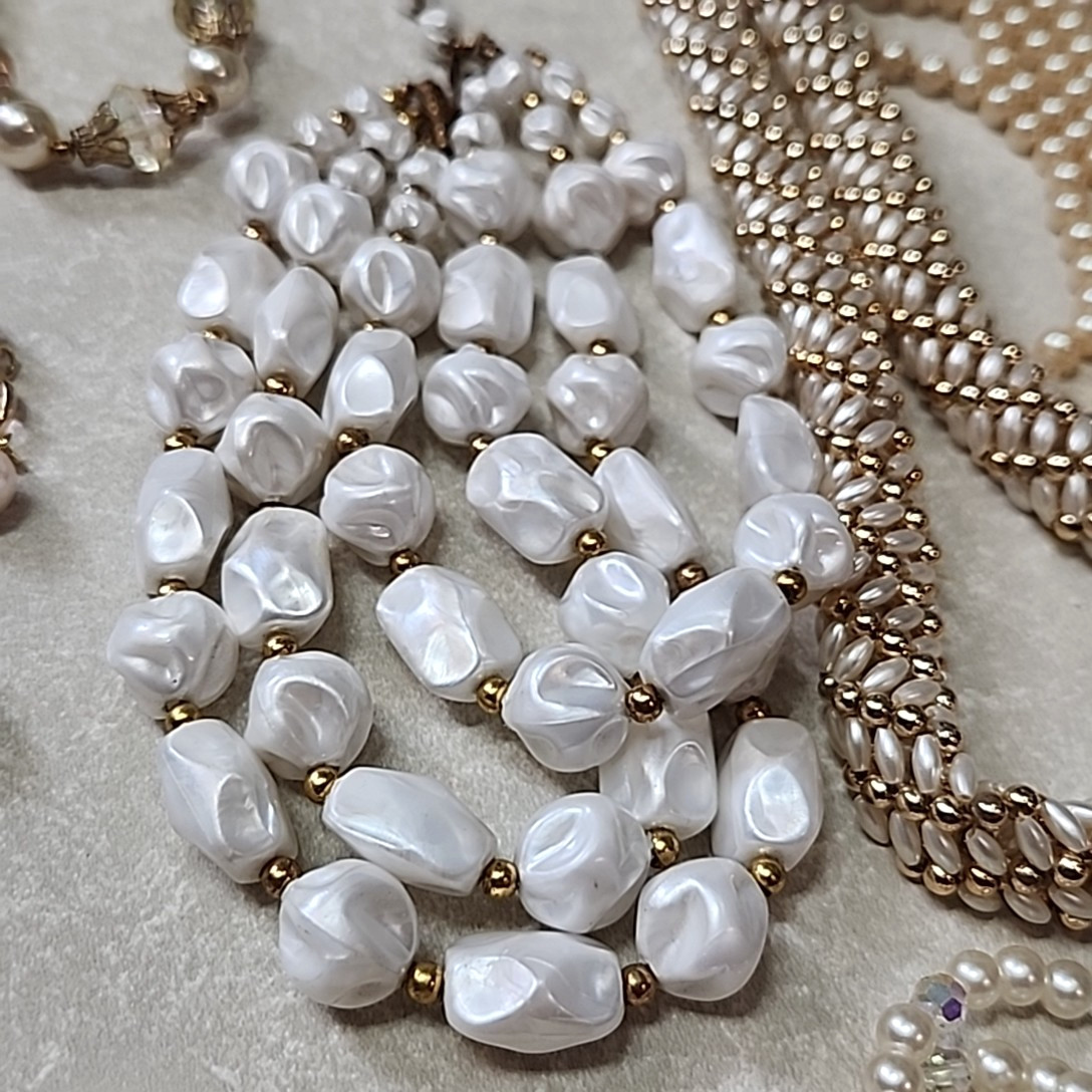 Vintage Faux Pearl Beaded Necklace Lot Bracelets Multicolor Glass Acrylic Layers