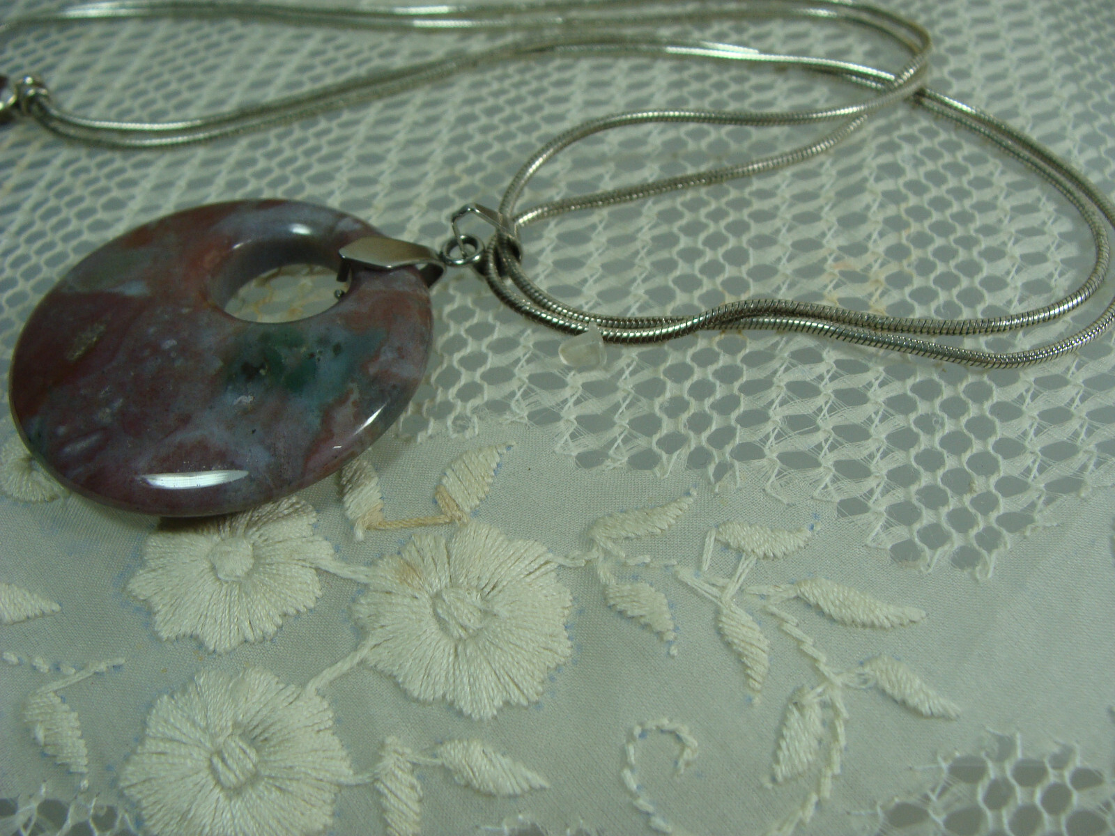 AC Double Strand Silver Tone Chain Round Disk Quartz Stone Boho Pendant Necklace