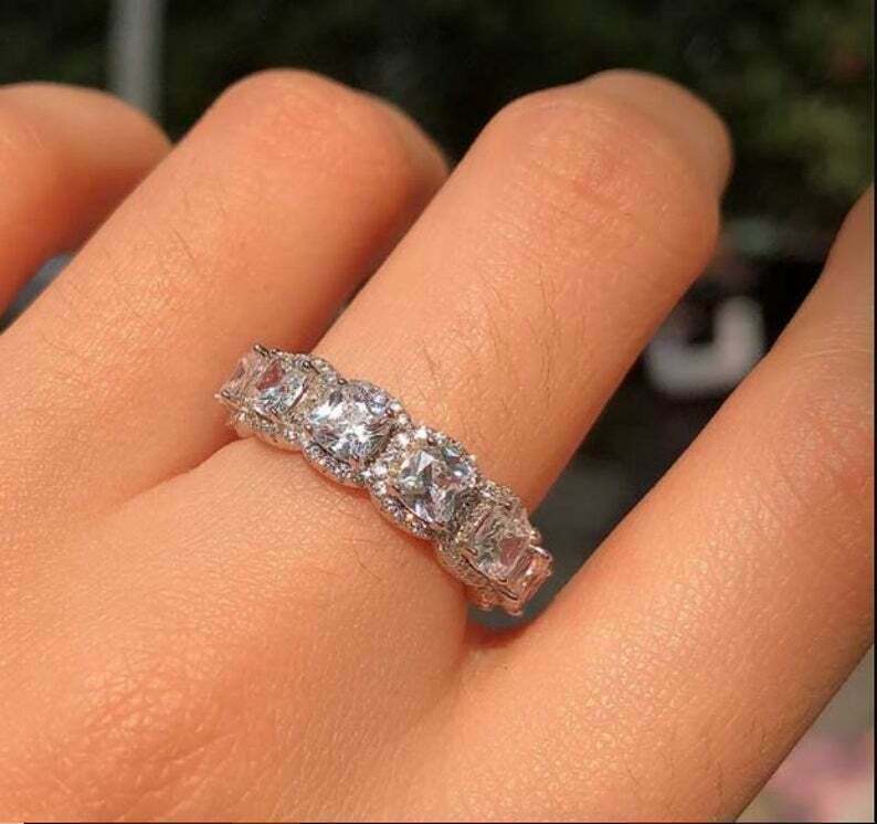 2 CTW White Cushion Cut Simulated Diamond Eternity Halo Wedding 925 Silver Ring