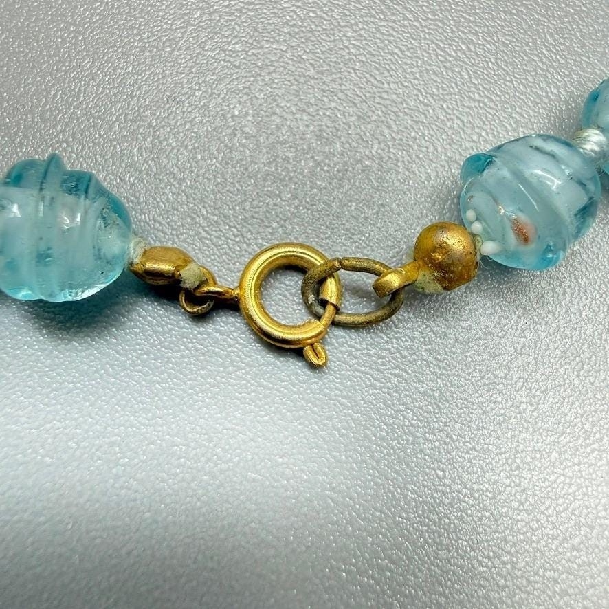 VTG Light Blue Venetian Glass Bead Necklace 16″ Gold Flecks Aventurine Choker