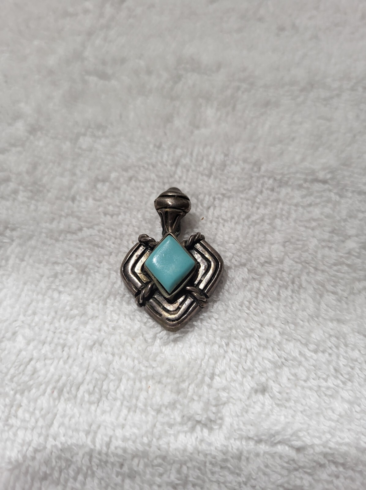Vtg MEX 925 Sterling Silver Rare Design Twisted Rope Diamond turquoise Pendant