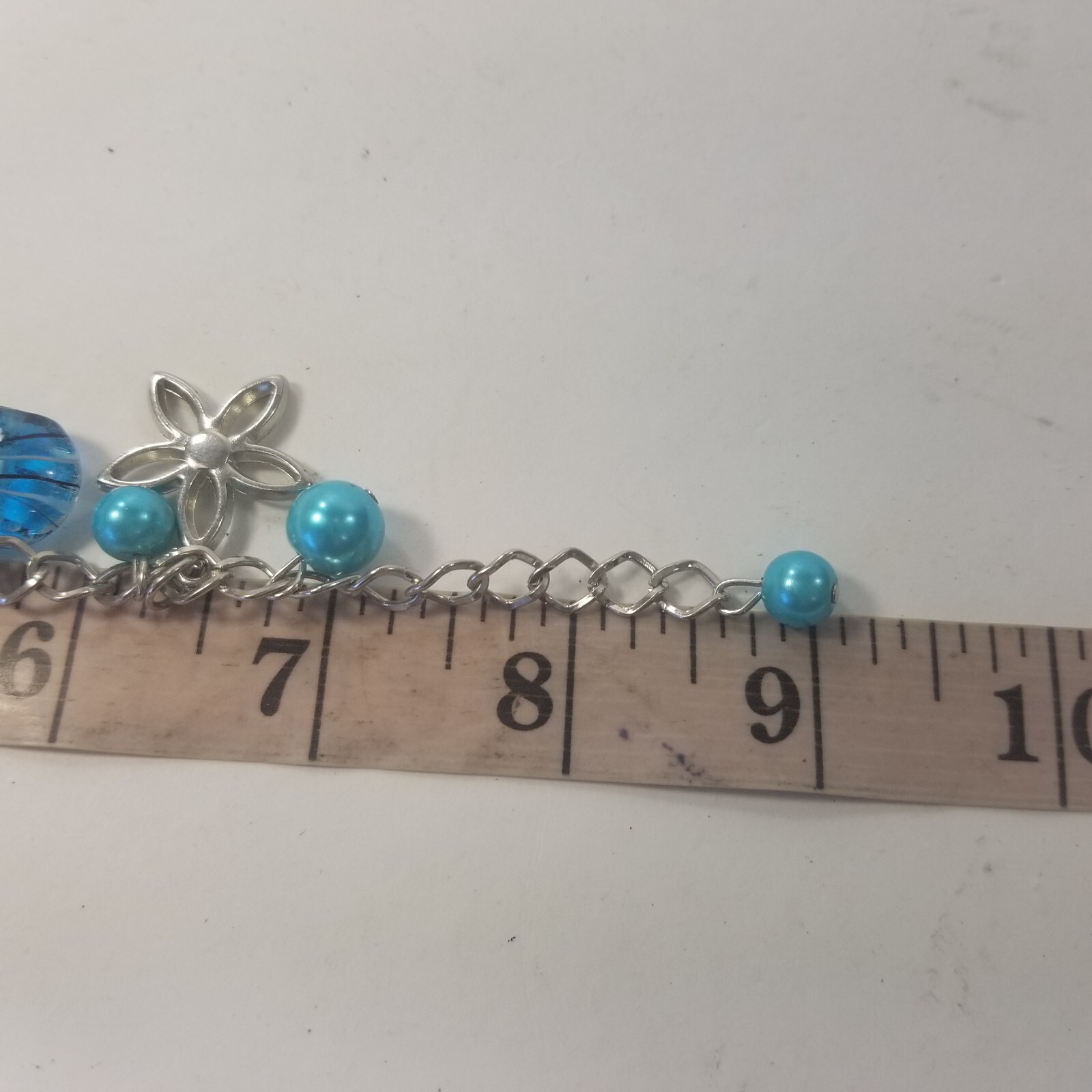 Charm Bracelet Blue Silver Tone Flower Glass Bead Dangle