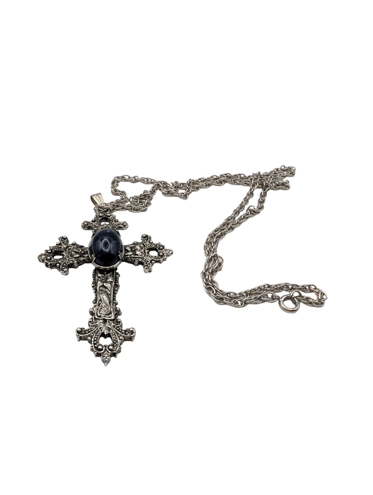 Vintage Ornate Cross Pendant Red Cabochon Gold Tone 12″ Chain Necklace Excellent