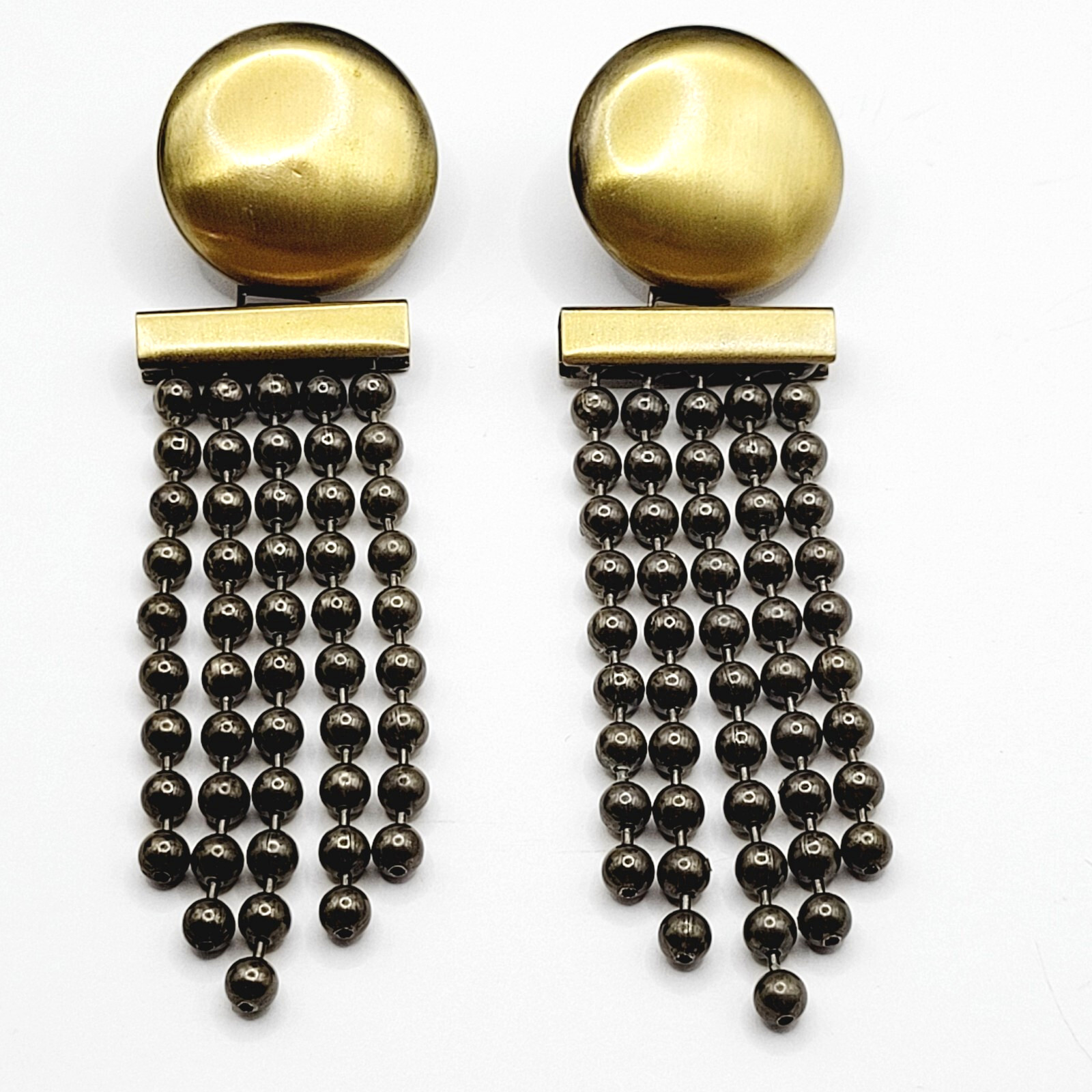 Ball & Chain Fringe Brutalist Runway Style Mixed Metal Tone Vtg Pierced Earrings