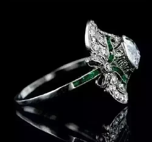 Vintage Art Deco Style Lab Created Diamond 14k White Gold FN Engagement Ring