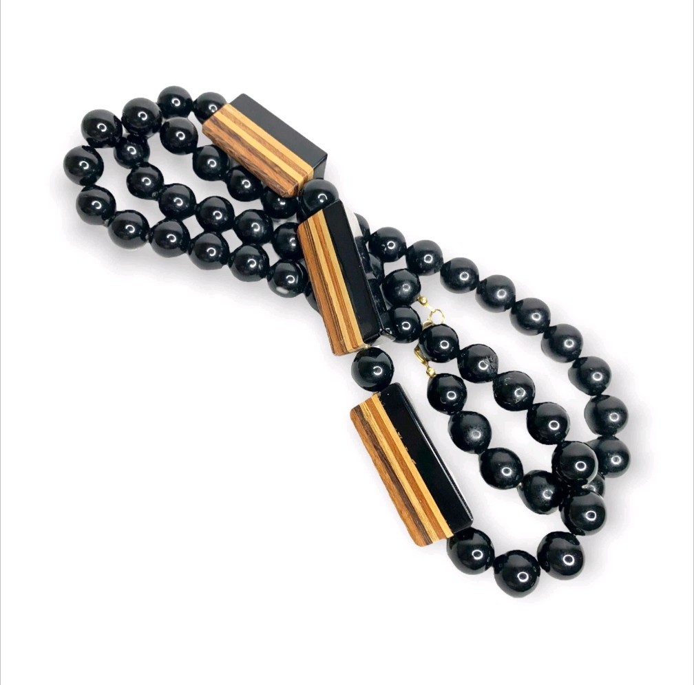 Vintage Lucite and Wood Statement Beaded Necklace Black Brown Laminated Triangle