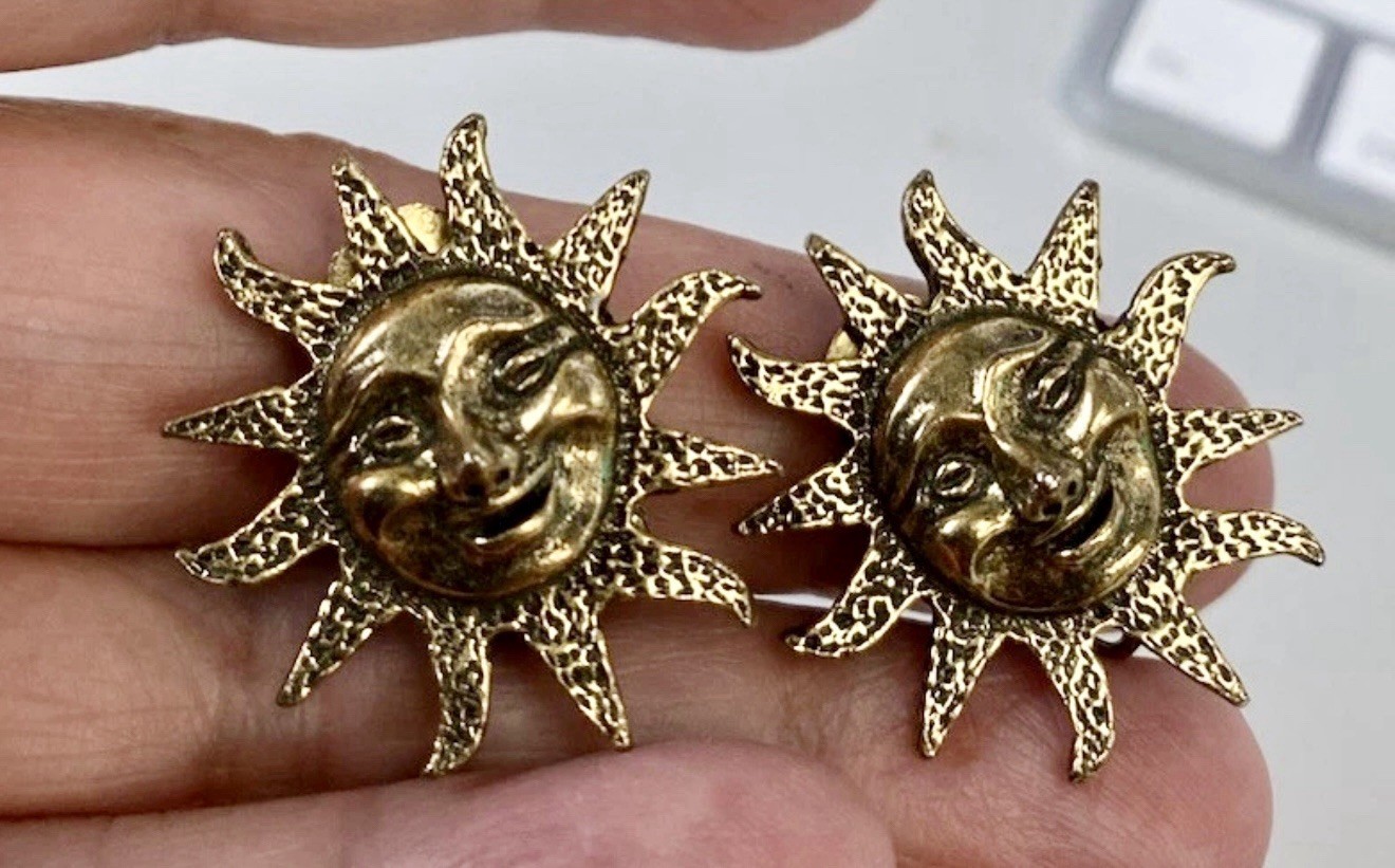 “Signed Zental Vintage Sun Face Earrings Gold-Tone Celestial Costume Jewelry”