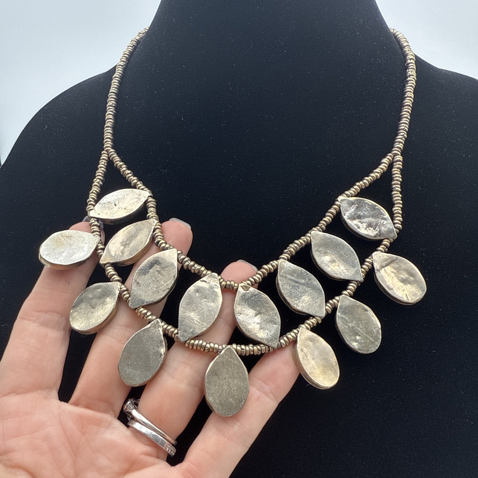Vintage Goldtone Afghan Beaded Necklace W/ 15 Natural Oval Stone