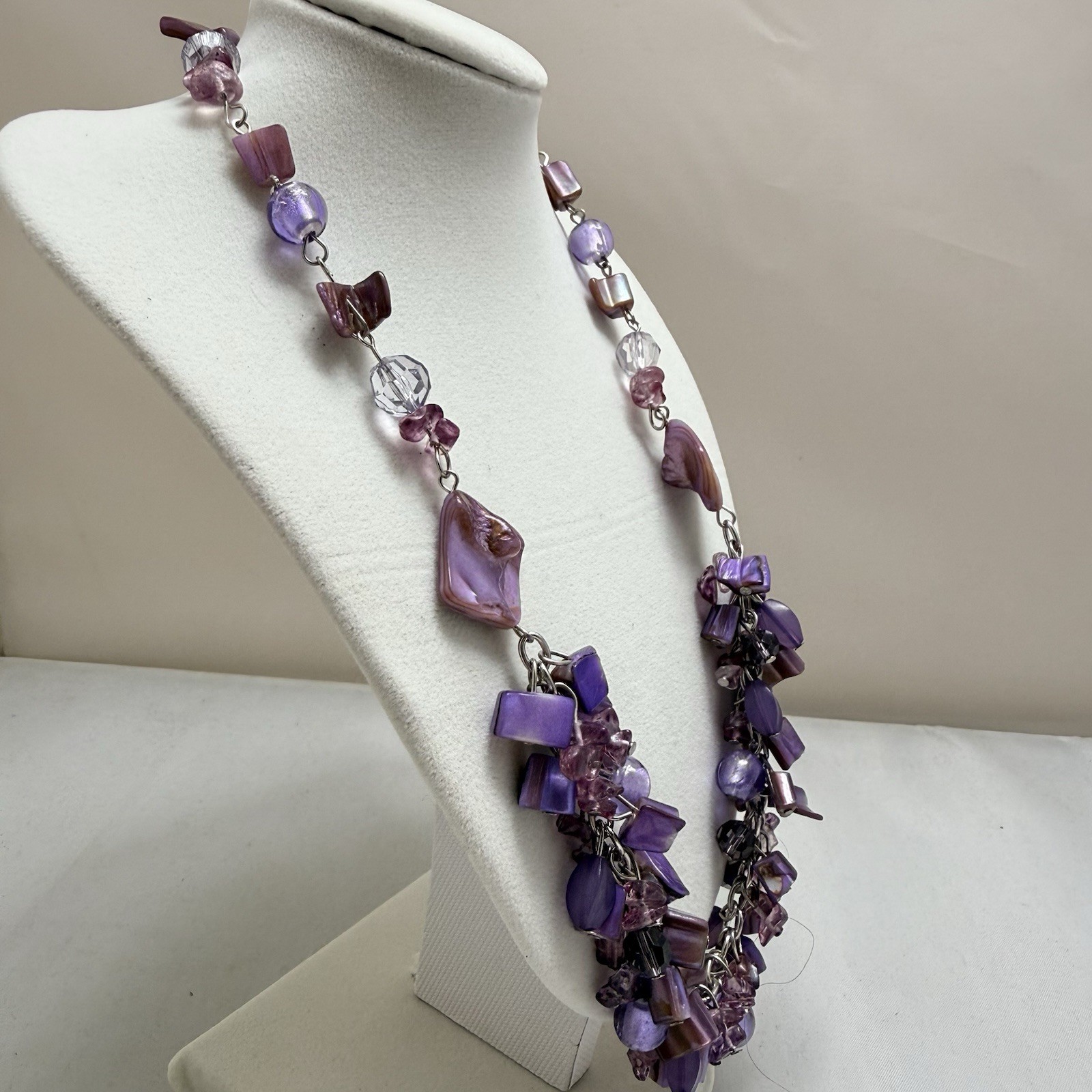 Vintage Purple Statement Necklace Chunky Bib Fringe Shell Glass Beaded Boho NEW