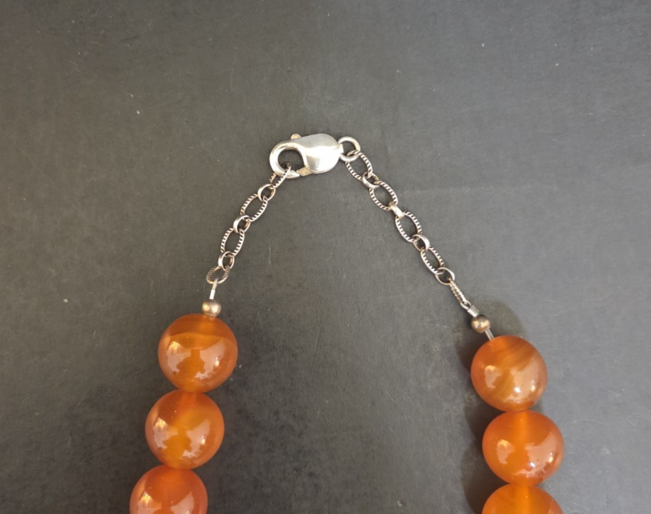 Vintage Resin Amber Necklace Orange Brown. Sterling Silver 925 clasp. 17″ w/bag