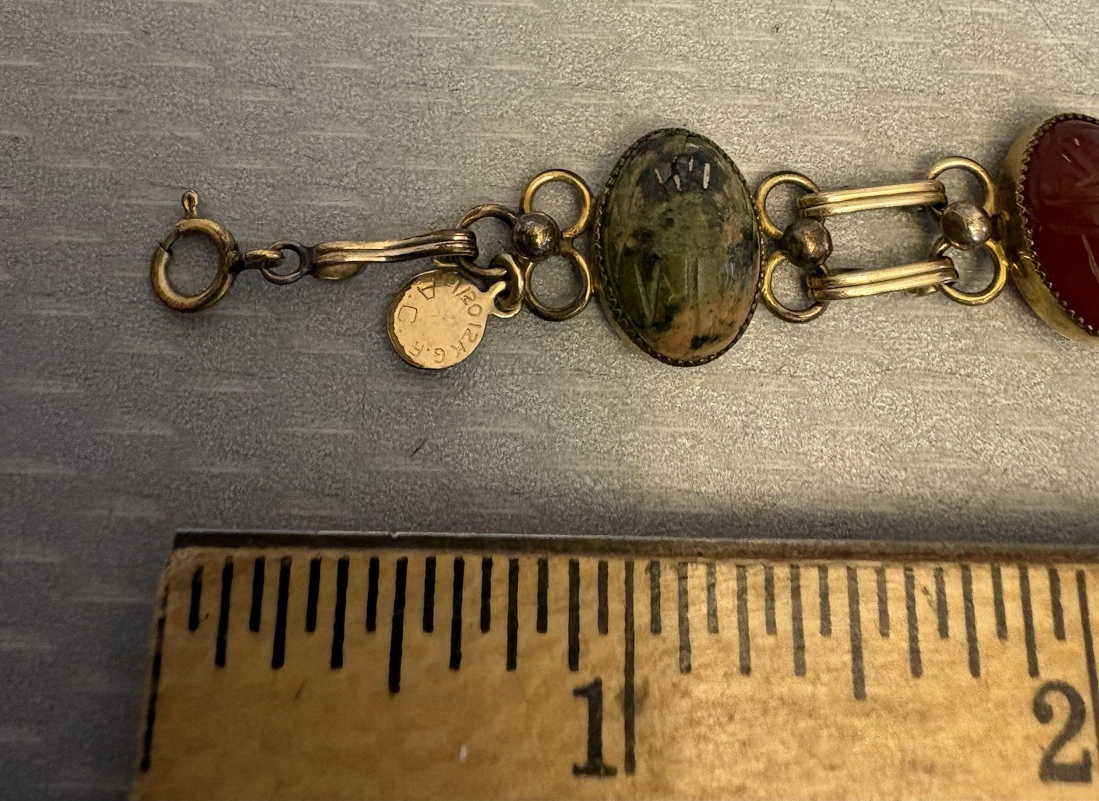 Vintage Goldfilled Carved Gemstone Scarab Bracelet signed AC 1/20 12K GF 7″