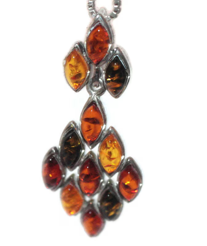 Vintage Amber Pendant Necklace Sterling Silver Setting 3 Colors Diamond Shaped