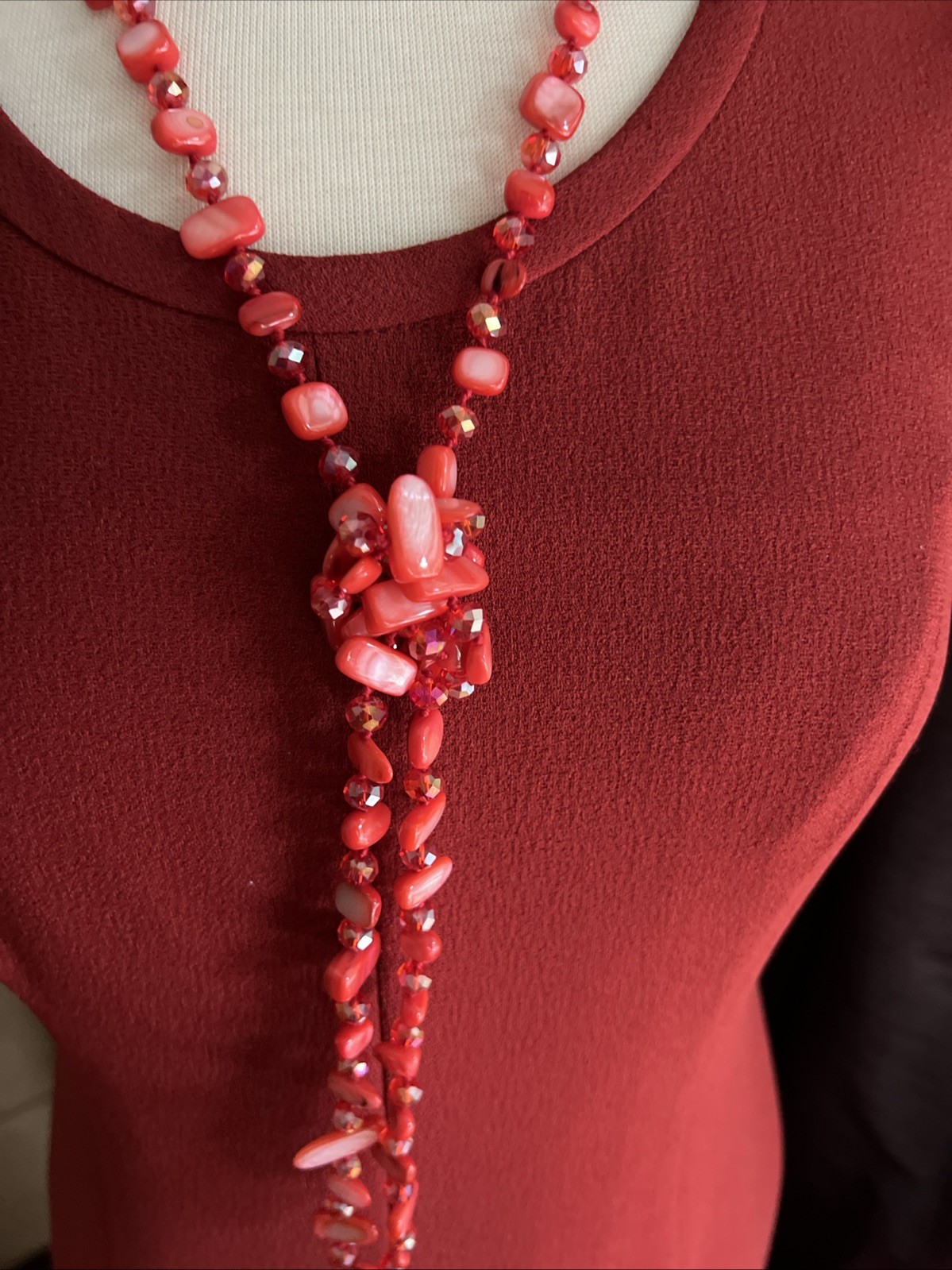 BEAUTIFUL RED MOP GLASS FACETED CRYSTAL 50” NECKLACE
