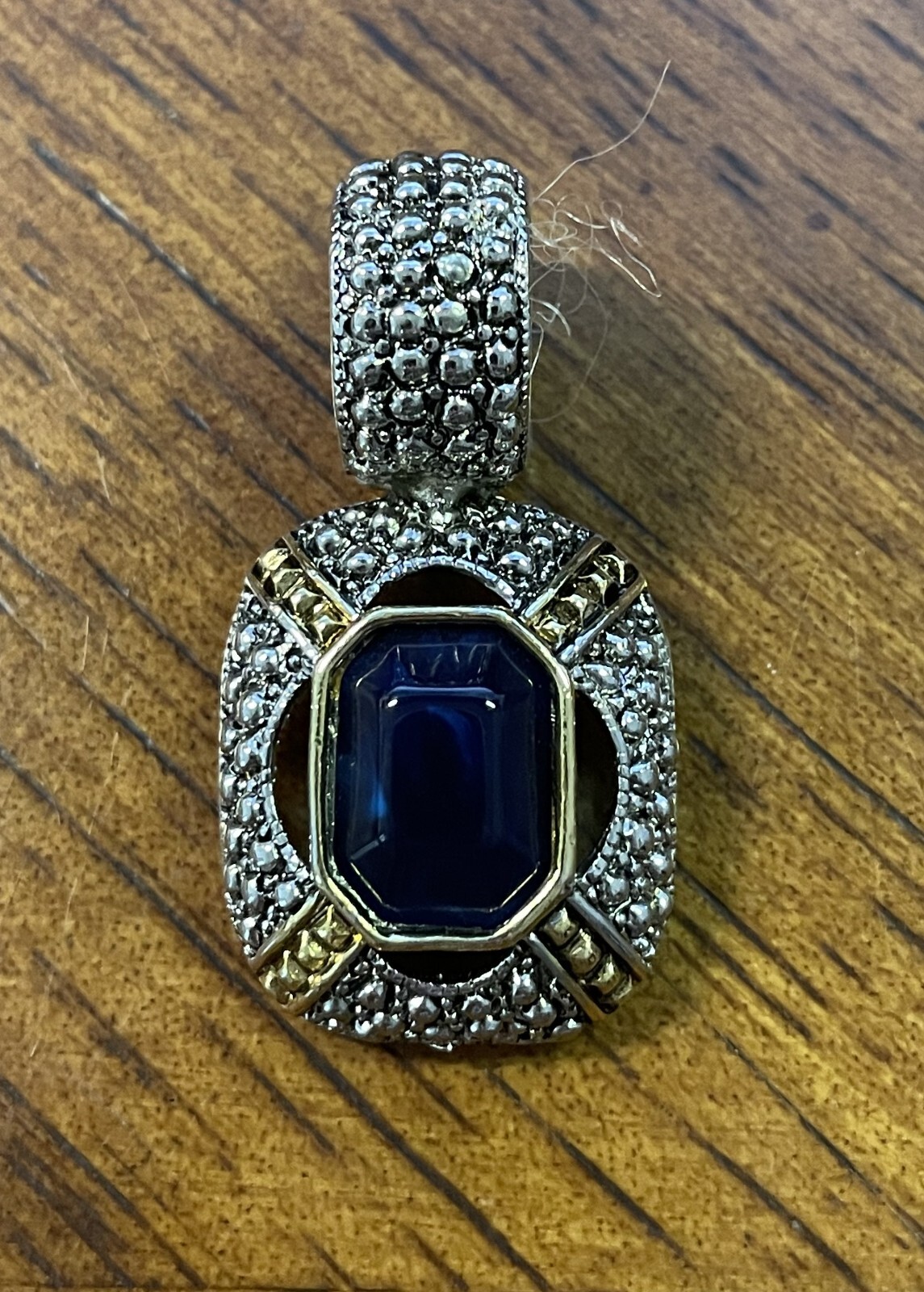 Emerald Cut Blue/Purple Glass Stone Pendant, Two Tone Metal, Elegant EUC