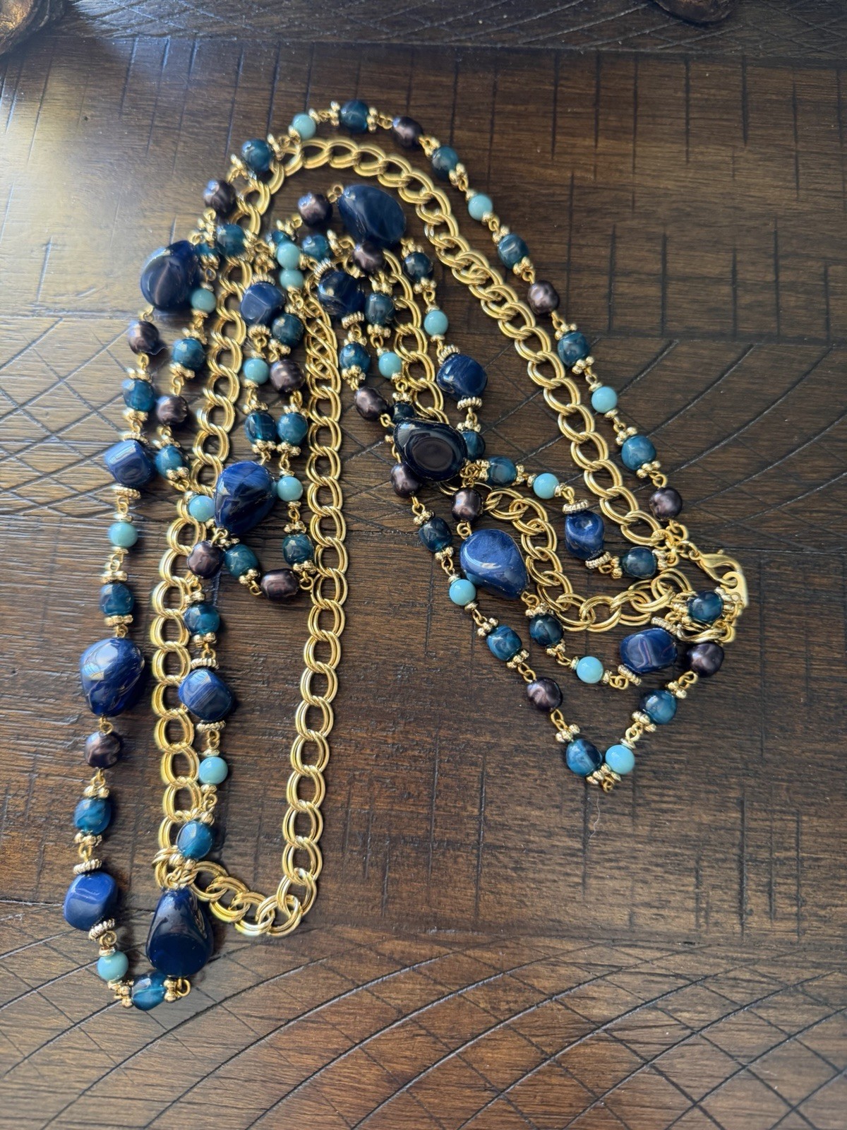 VTG 3 Strand Gold W/ Navy Blue And Teal Aqua Beeds Necklace And Clip Earrings