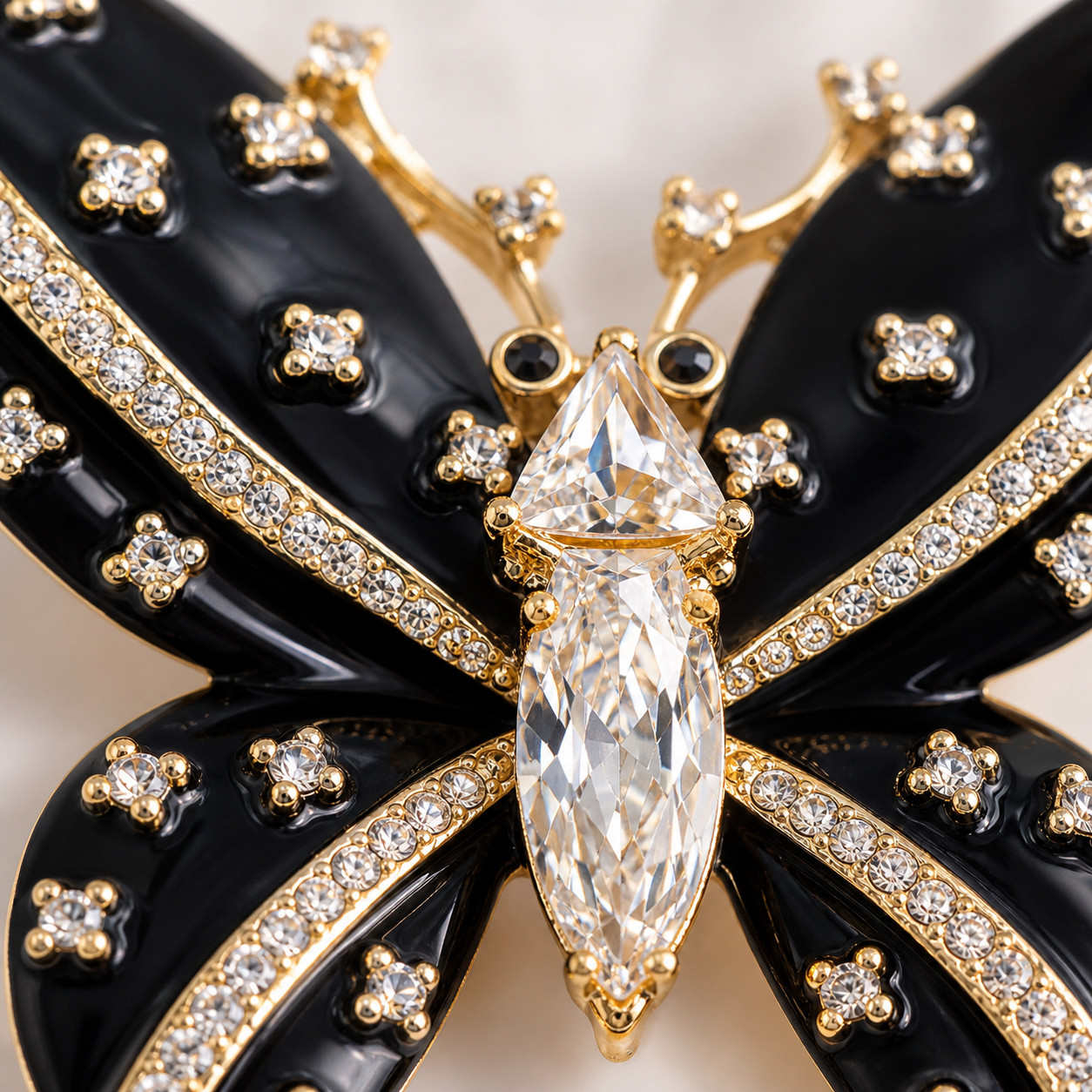 Black Enamel Butterfly Brooch Gold Tone Rhinestone Crystal Pin Vintage-Inspired