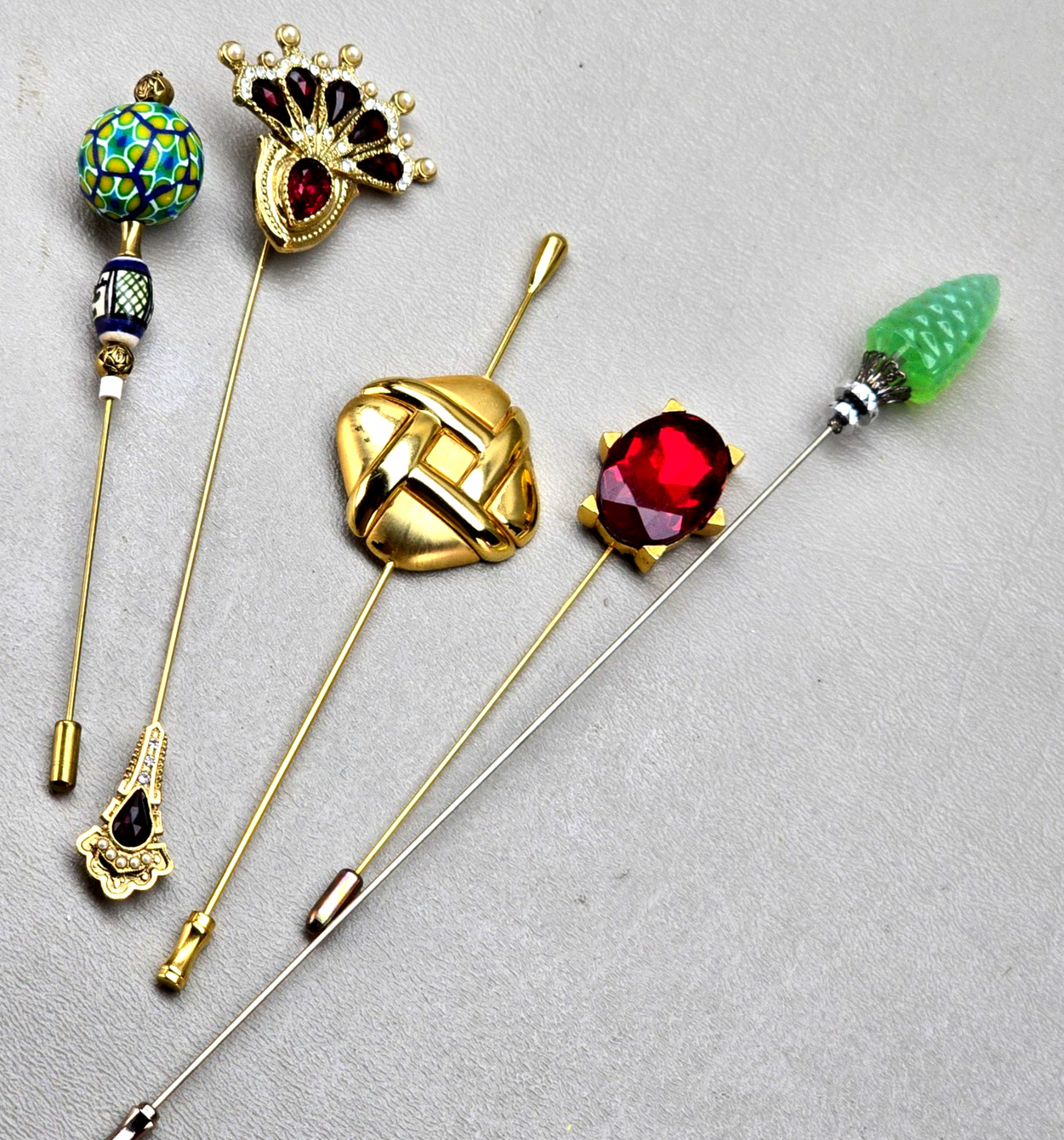 Vintage Hat Stick Pin Lot Gold Tone Rhinestone Cloisonne Art Deco Style Set 5