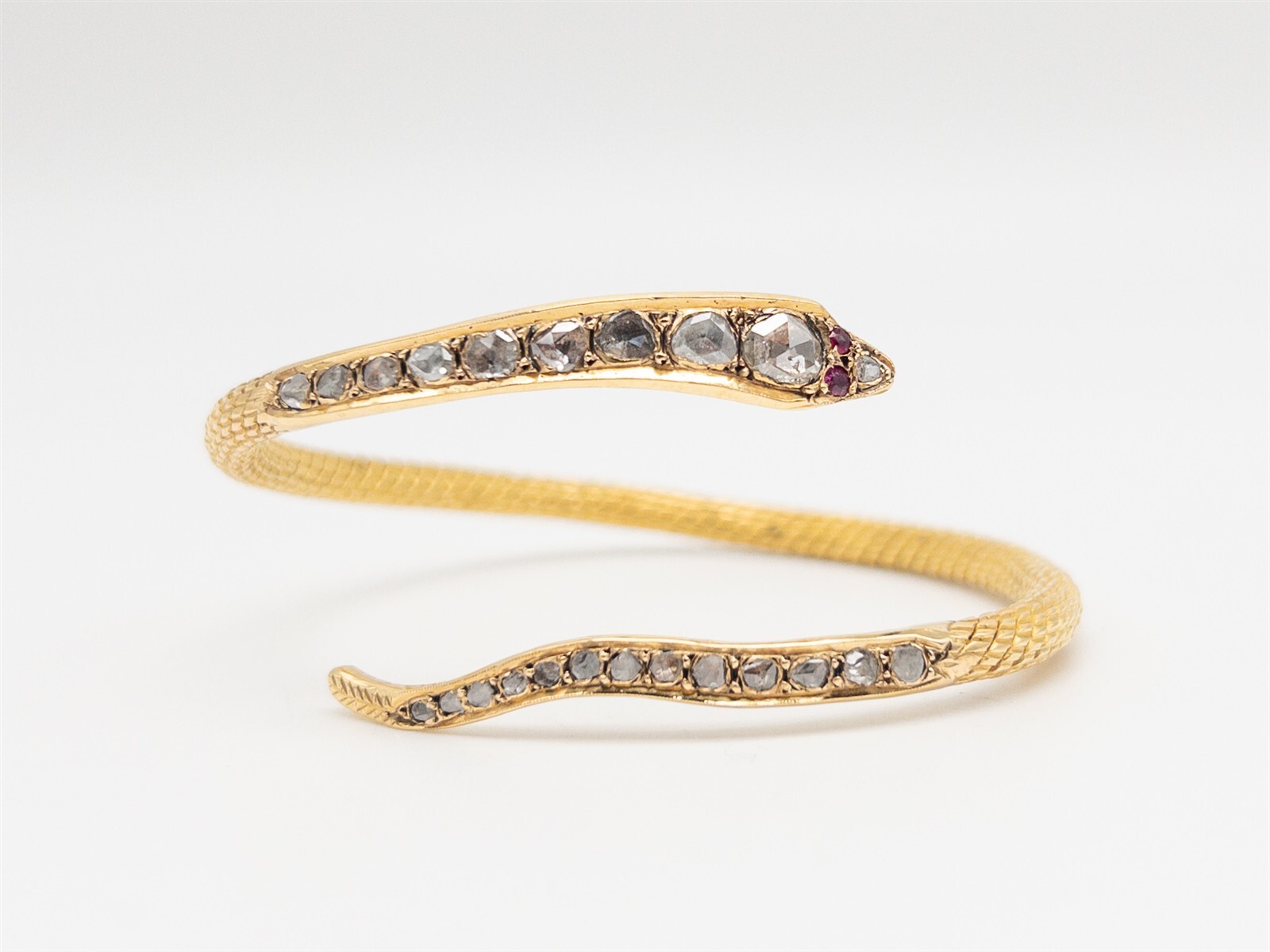 Antique 1920s 2ct Old Rose Cut Diamond 22k Yellow Gold SNAKE Bangle Bracelet 44g