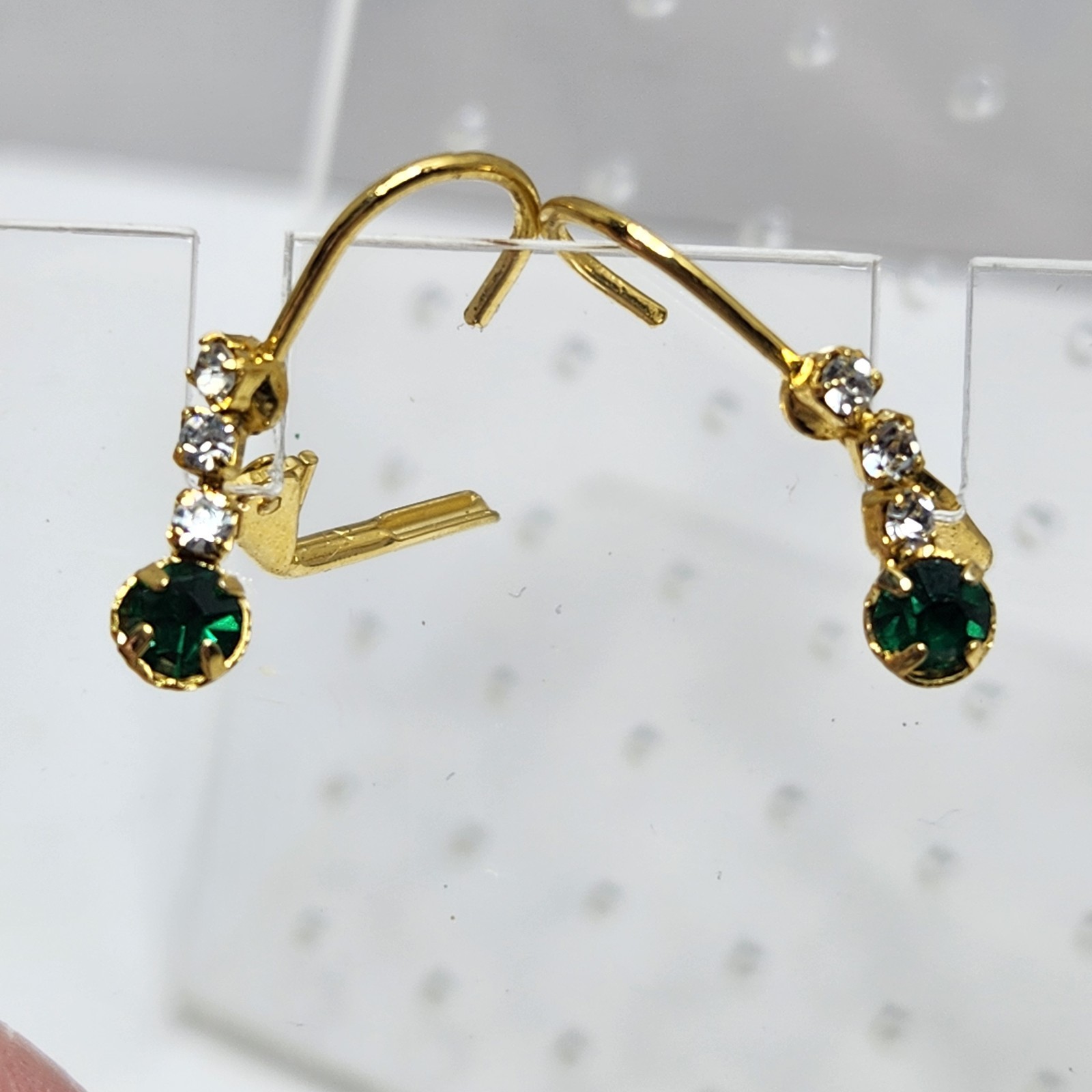Vintage Emerald Green Rhinestone Goldtone Bracelet 7″ Earrings 2 Pair May Birth