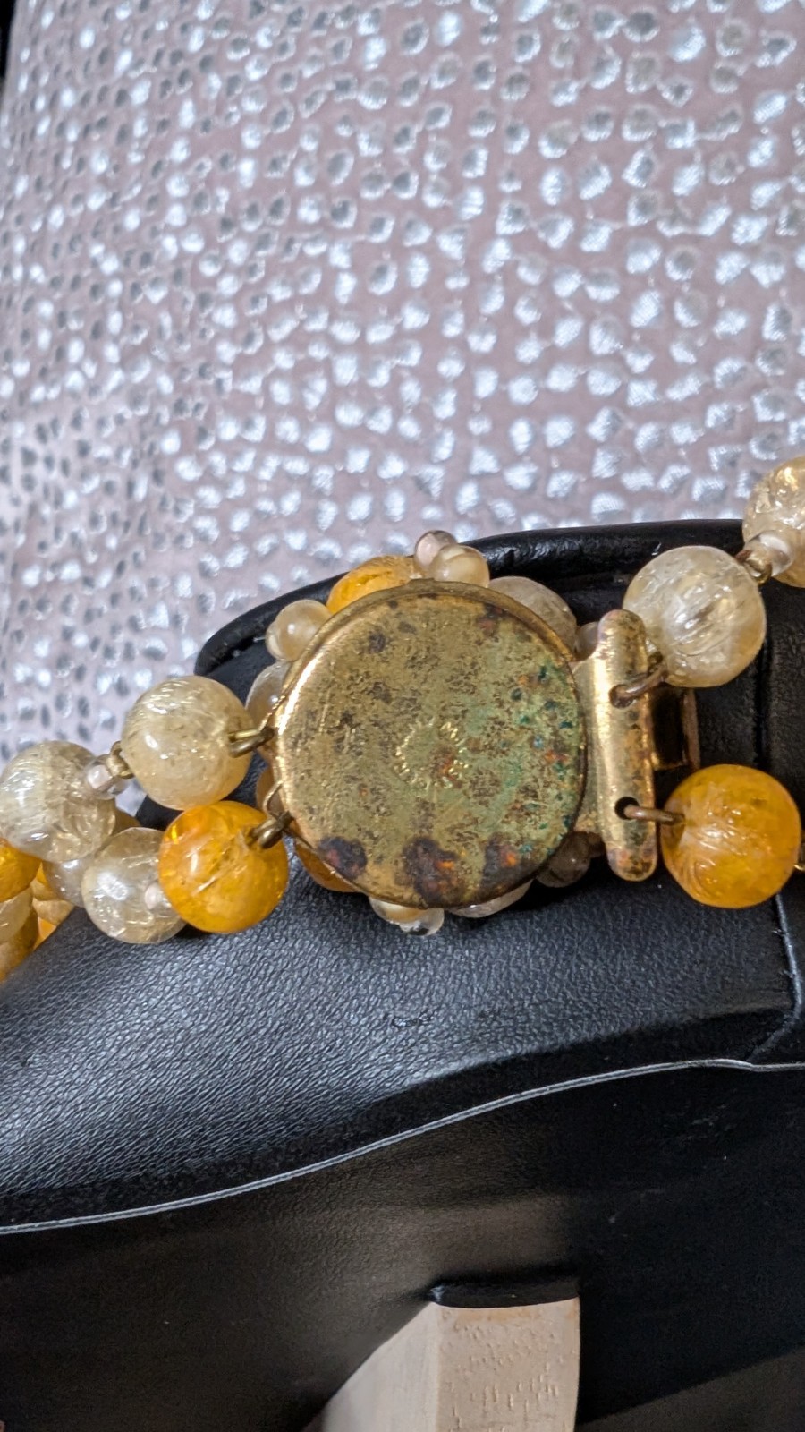 West Germany Vintage Yellow Clear Acrylic Beaded Necklace, Box Cluster Clasp 20″