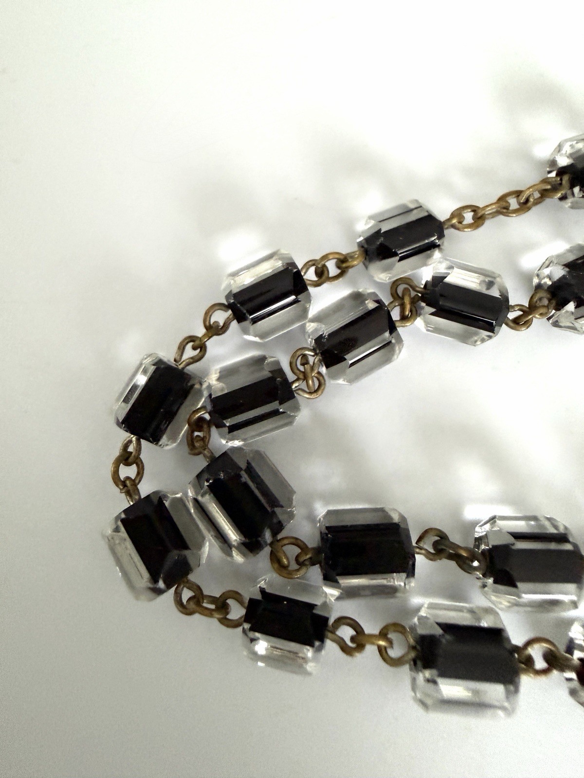 Antique Czech Jet Black & Clear Geometric Glass Bead 60″ + Extra Long Necklace
