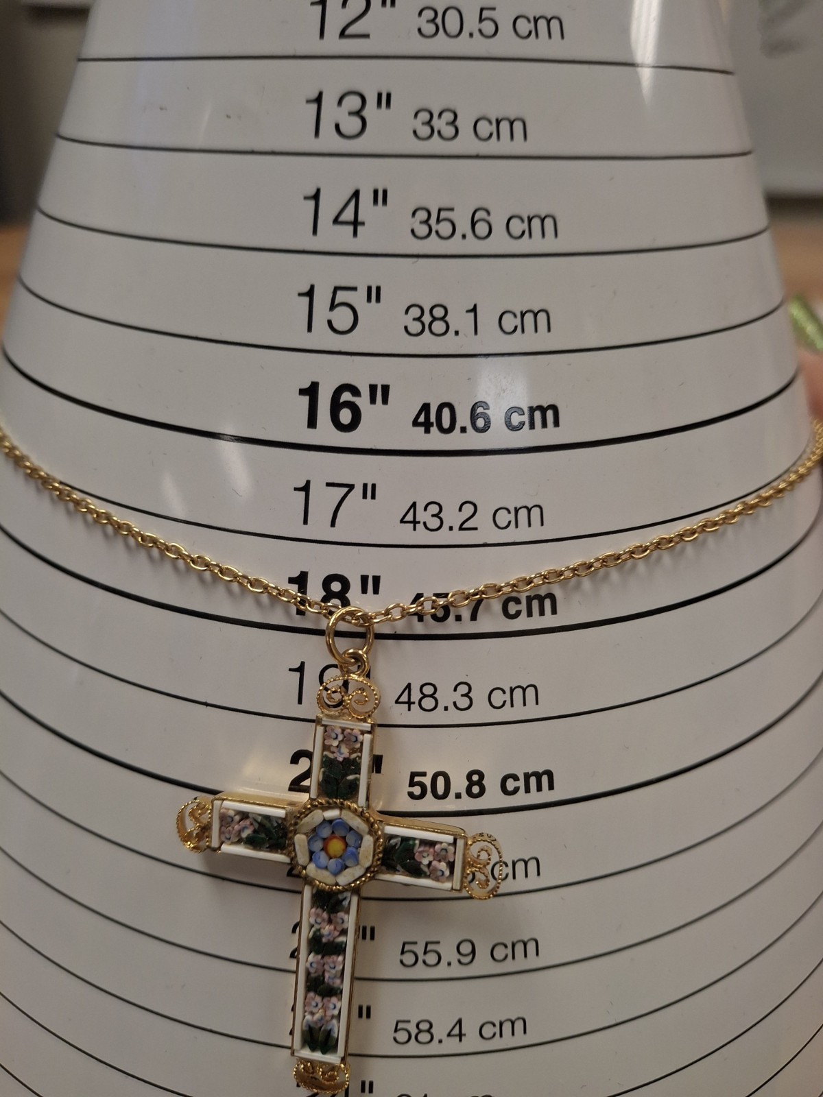 Vintage Italian Signed Micro Mosaic Gold-Plated Filigree Cross Pendant Necklace