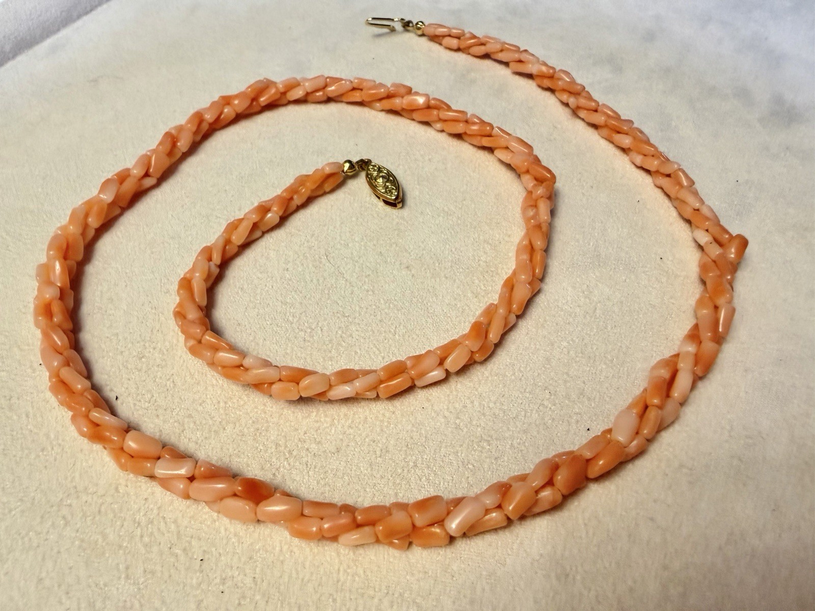 Vintage Angel Skin Coral Twisted Multistrand Necklace Fish Hook Clasp 24” Length