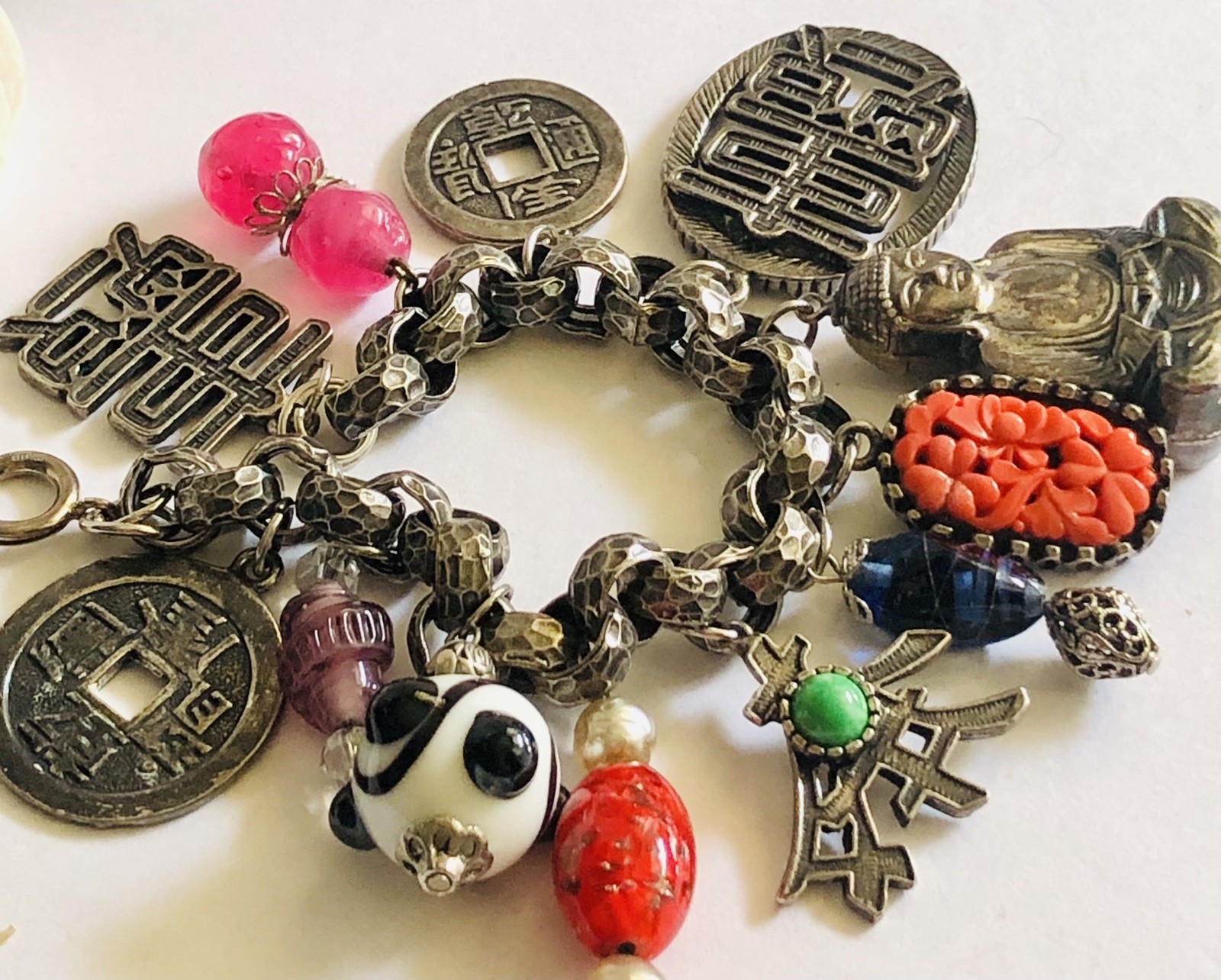 VTG Germany Bracelet, Asian Theme, Murano&plastic, Beautiful Silver Tone, Heavy.