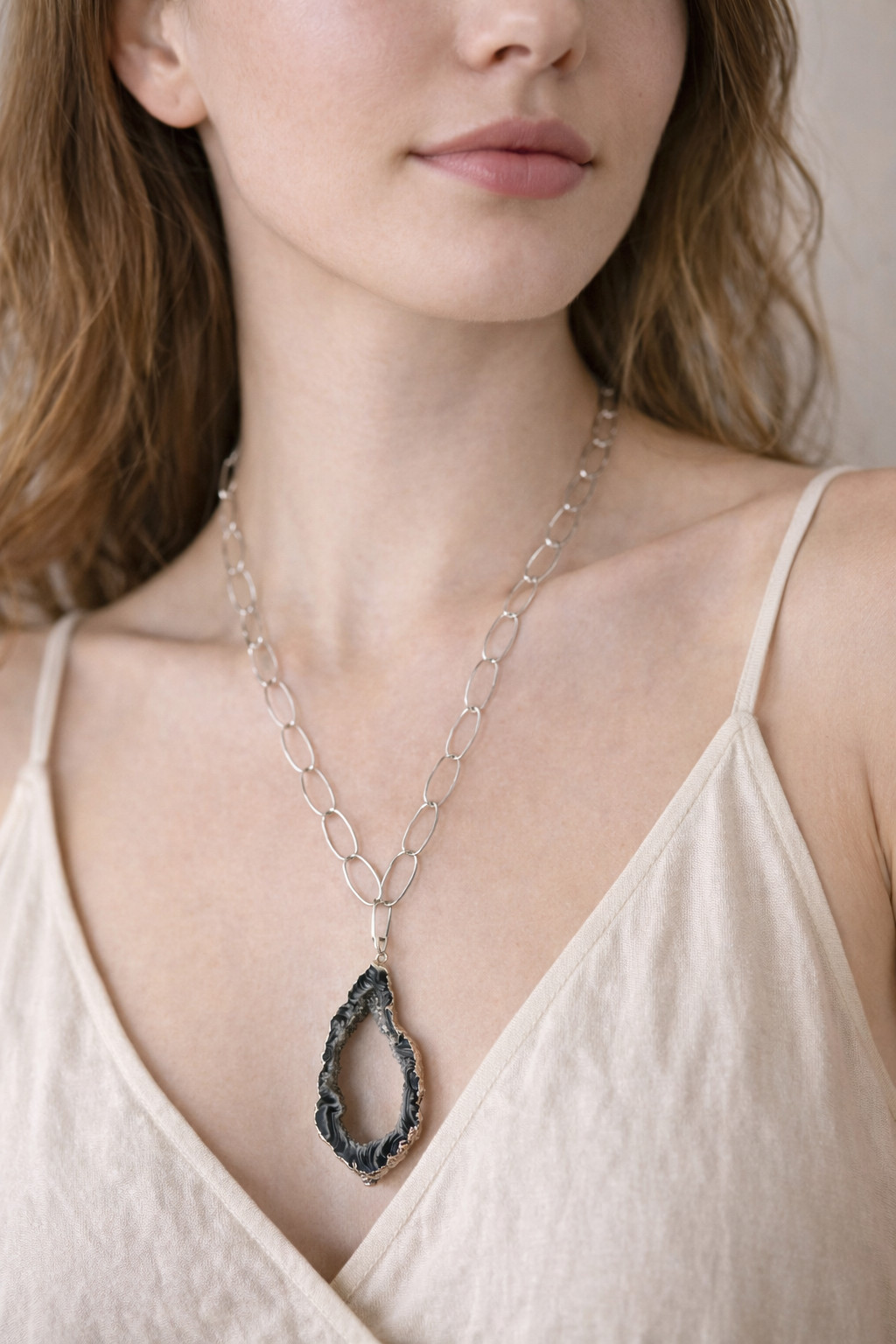 Sterling Silver Agate Geode Slice Necklace – 30″ Long – Artisan Statement Pendan
