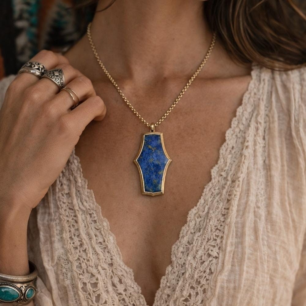 Vintage Lapis Lazuli Modernist Pendant Necklace Gold Filled Chain Blue Stone