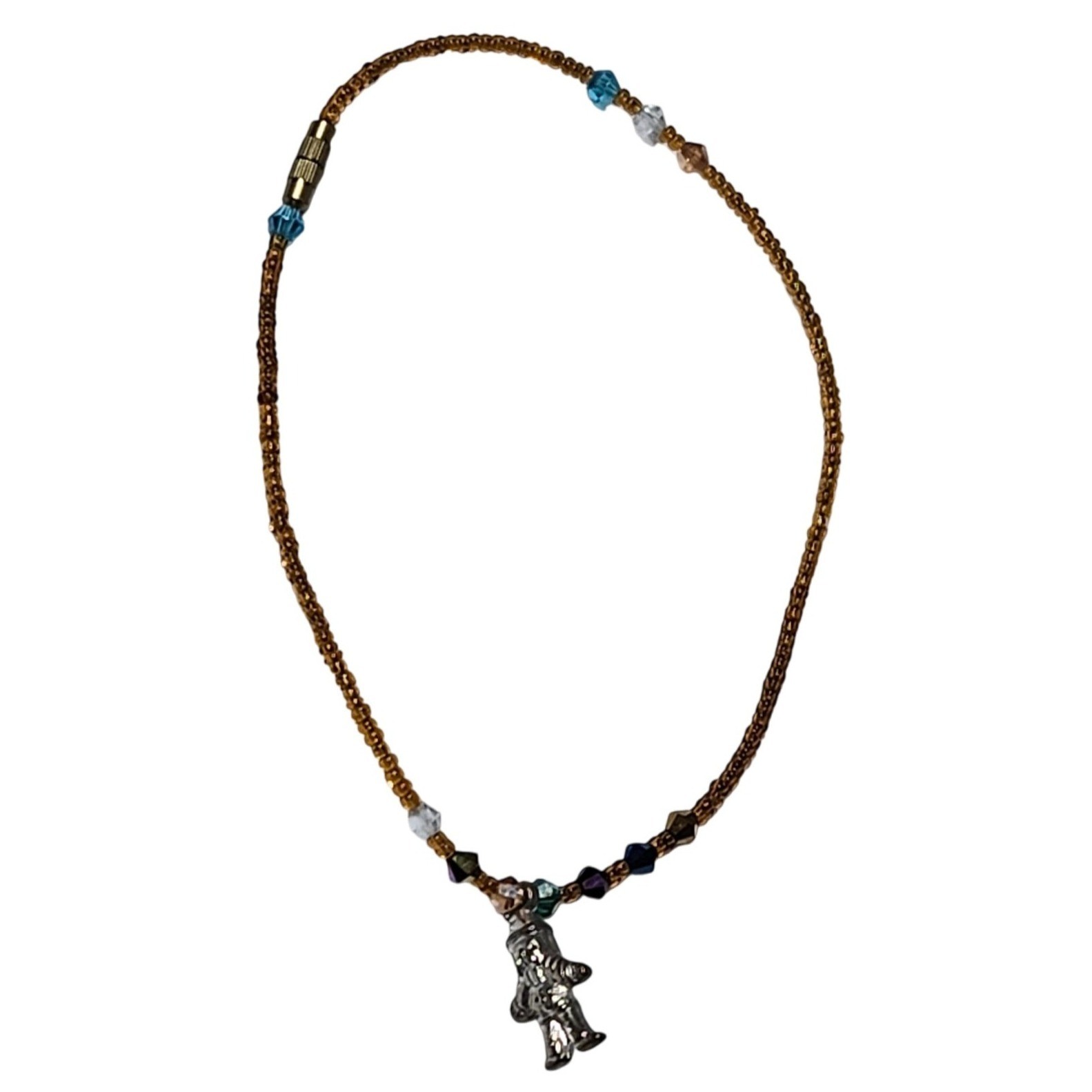 Vintage Handmade Beaded Choker Necklace Silver Toned Leprechaun Gnome Charm
