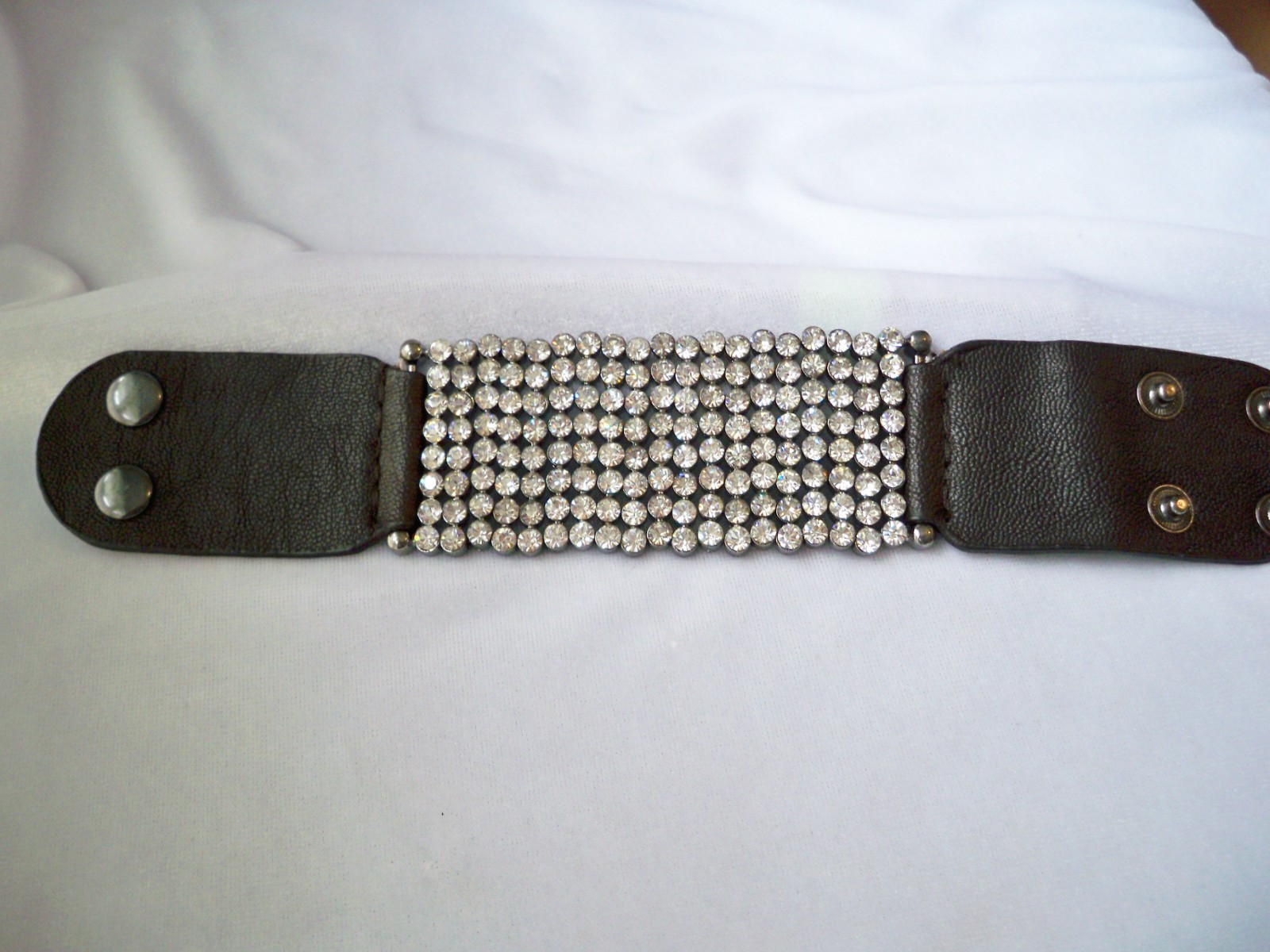 Wide 8 Row Pave Set Crystal Rhinestone & Black Faux Leather Snap Bracelet
