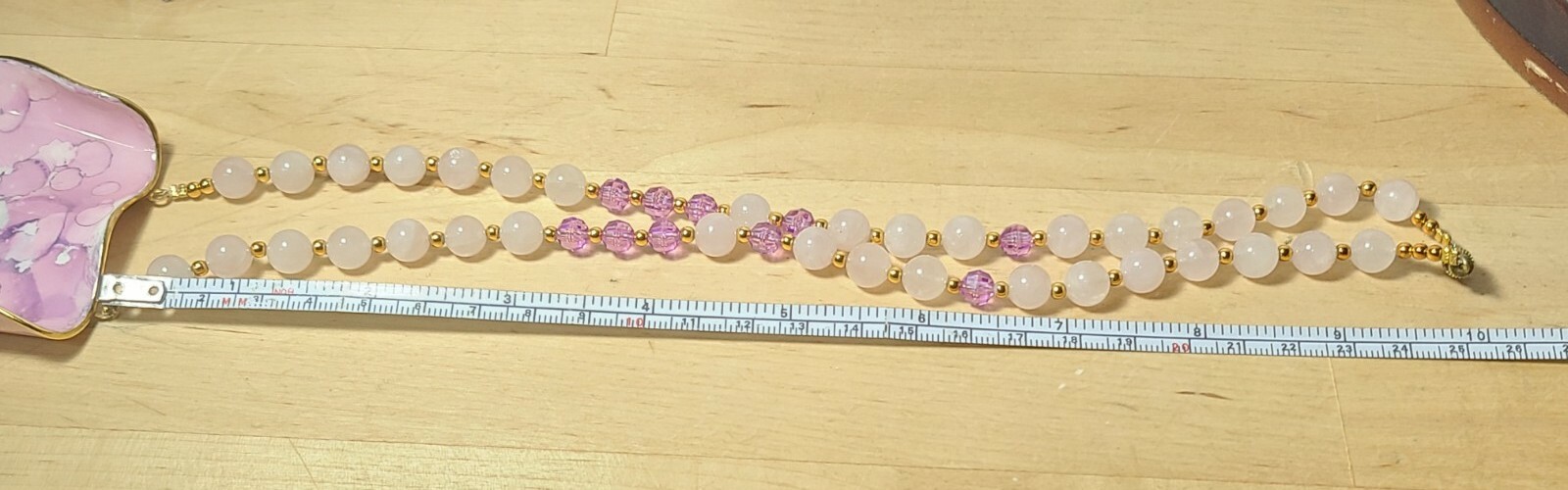 Vintage Costume Faux Agate Stone Pendant Beaded Necklace Purple Pink (K8)