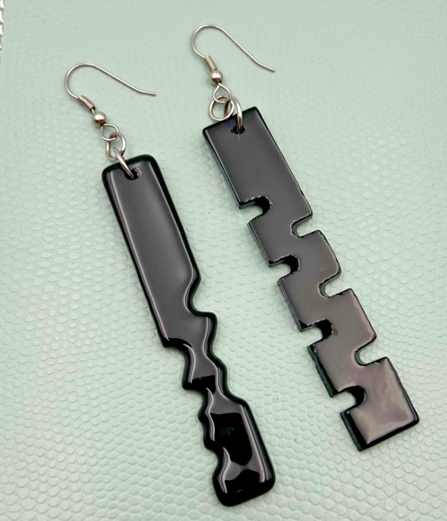 Vintage 1980s Black Glass Notch Dangle Earrings 3″ Different Shapes Retro Goth