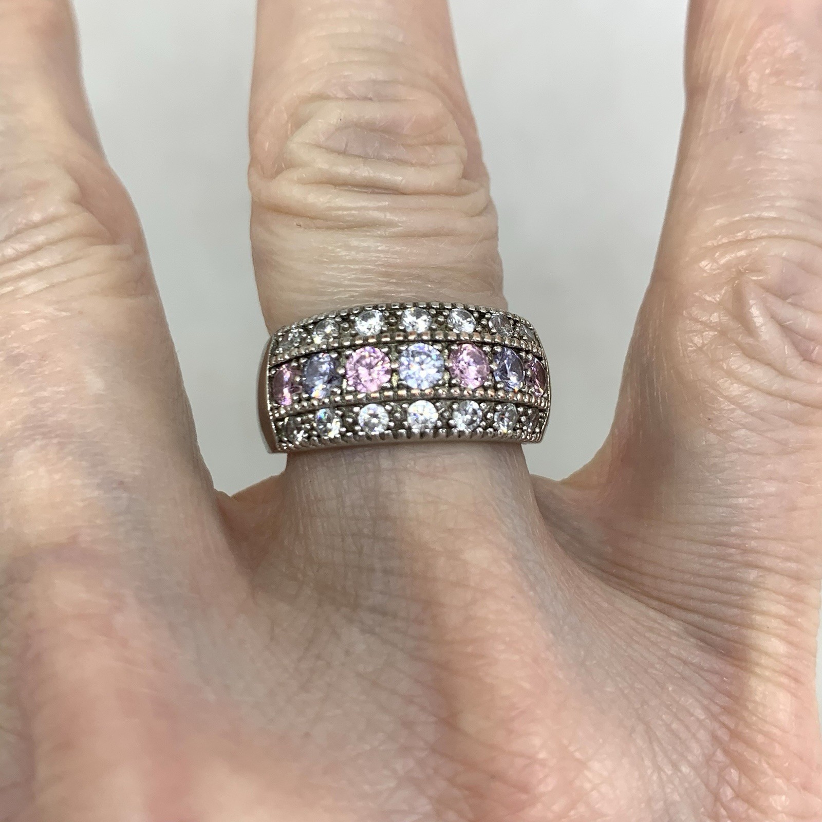 925 Sterling Silver Pink Light Purple White Topaz Three Row Band Ring Sz 6.25