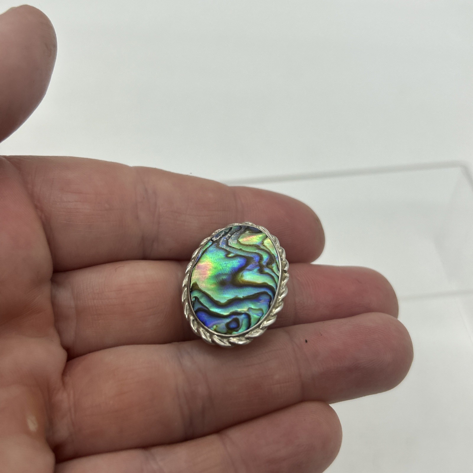 Vintage Paua Shell Sterling Silver Brooch 925 Oval Abalone Mother Of Pearl