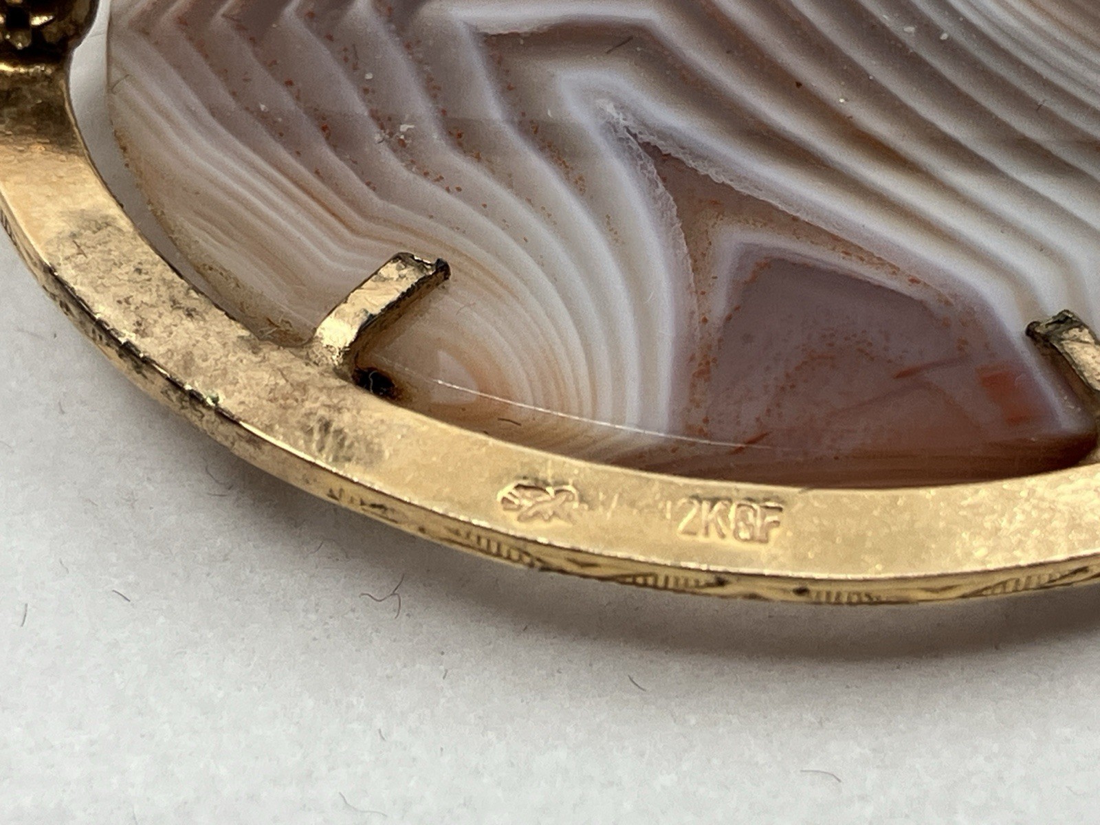 Vintage Gold Filled Brooch Banded Agate Stone Pin