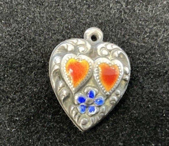 VINTAGE STERLING PUFFY HEART CHARM – Two Hearts and a Flower with Enamel