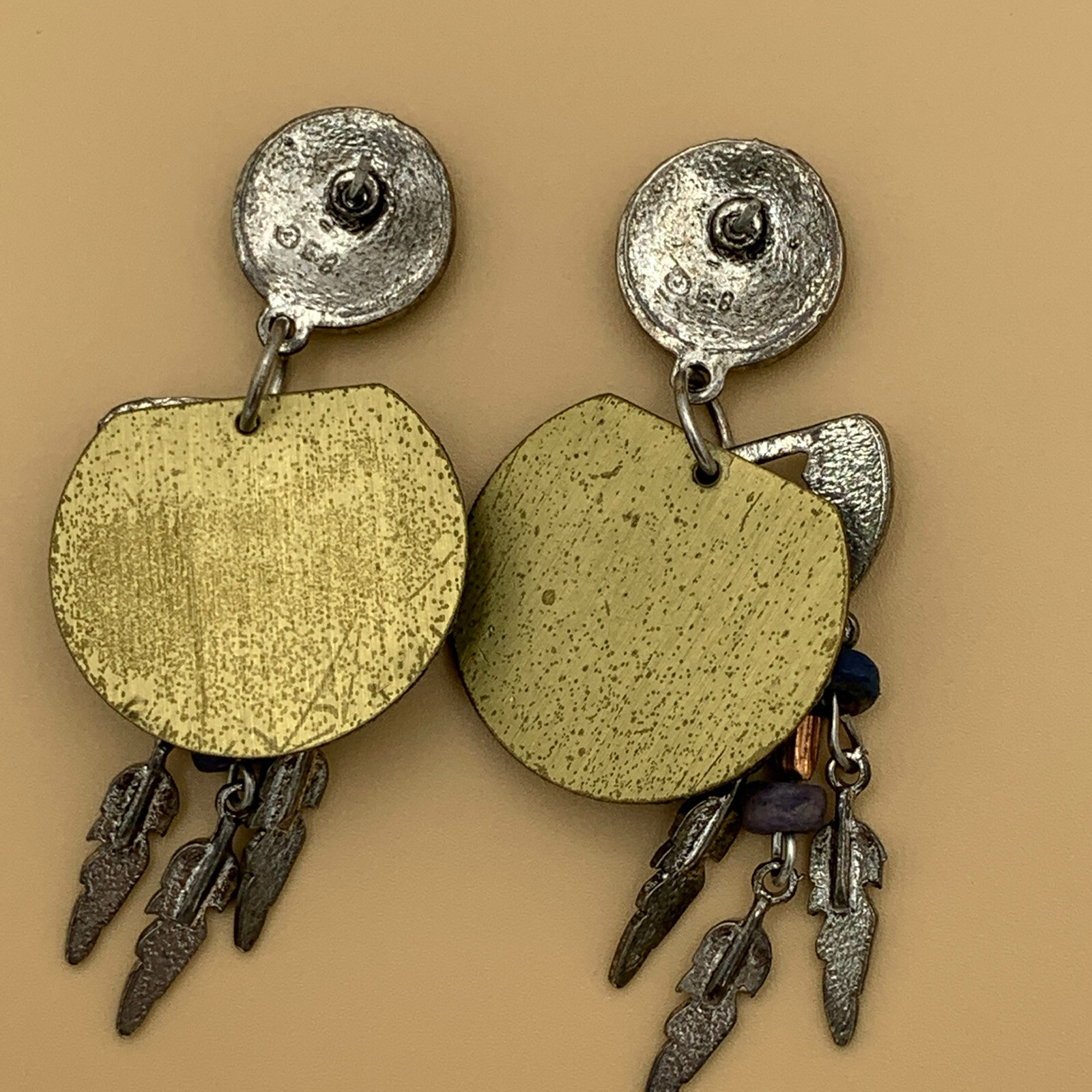 Vintage Edgar Berebi Blue Earrings South Western Theme Dangling Feathers Enamel