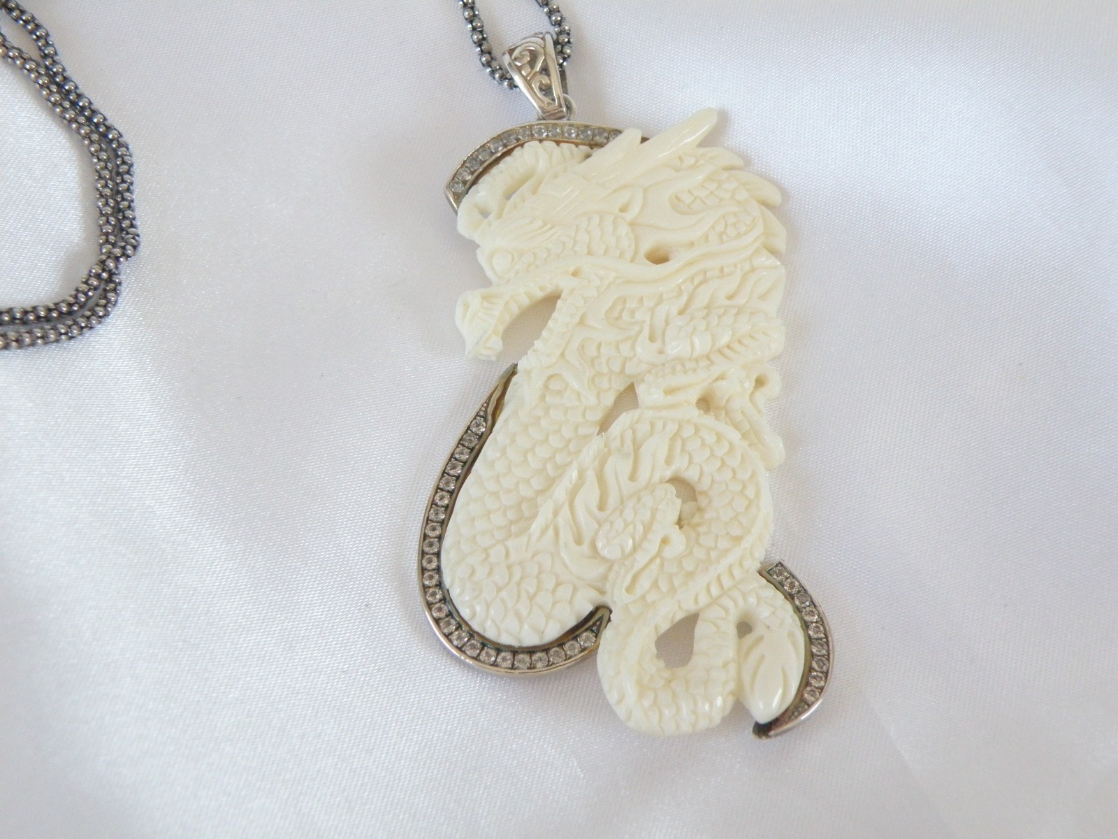 Huge Samuel B Carved CZ Dragon Statement Pendant Popcorn Mesh Necklace