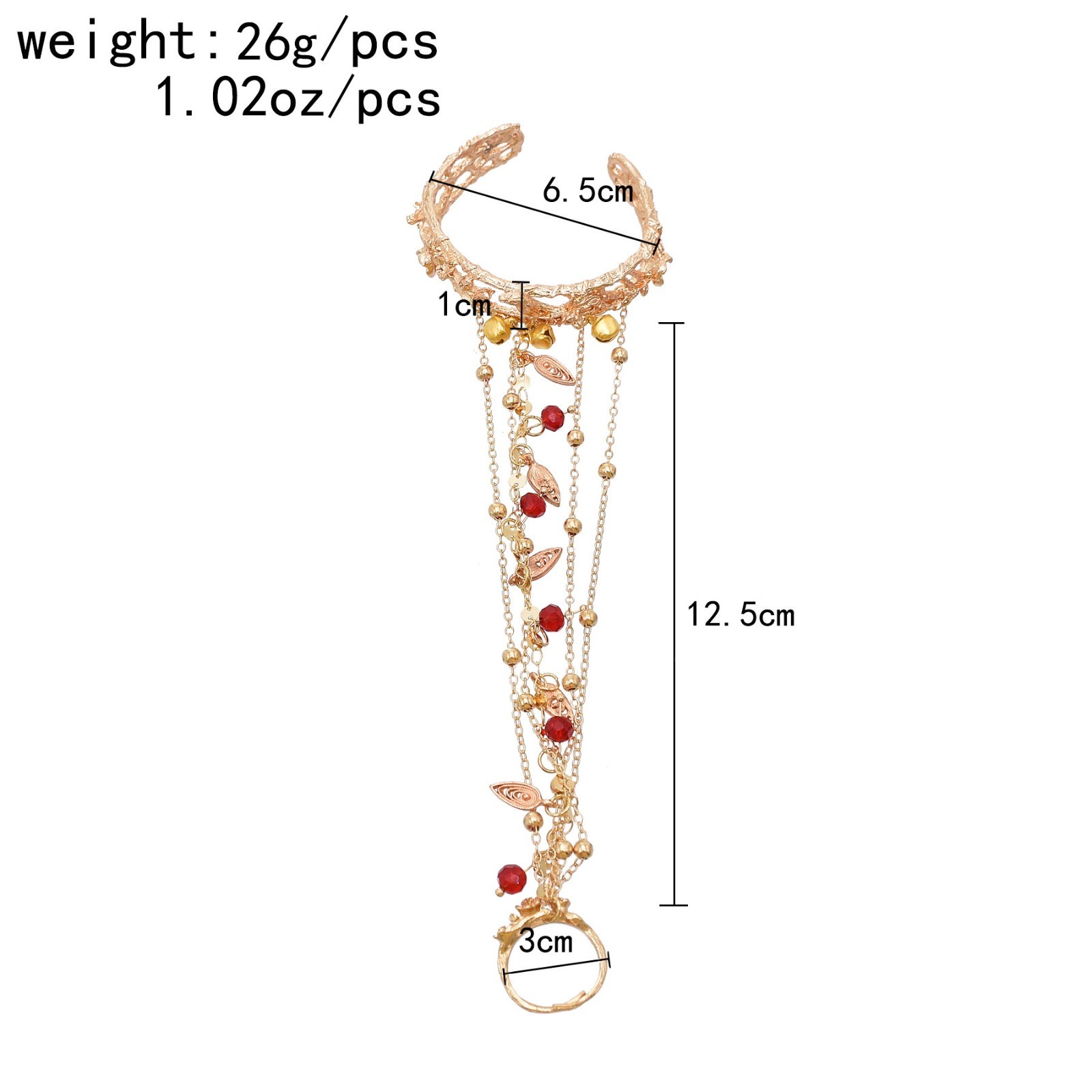 Gold Tone Vintage Cuff Bracelet with Ring Red Beads Chain Bell Gift for Women