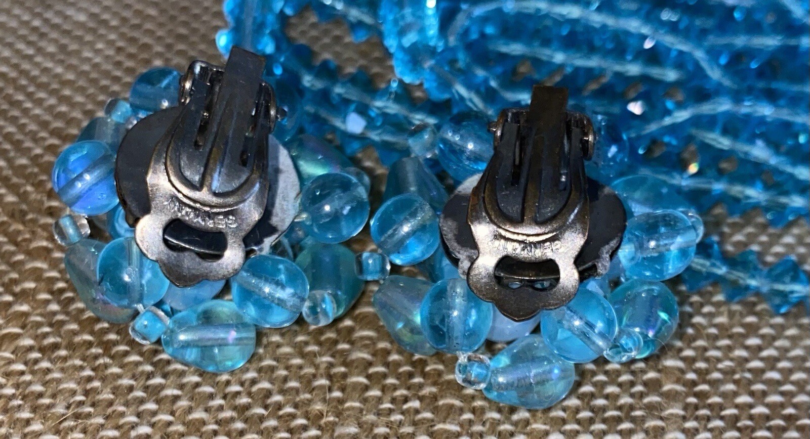 Signed On Earrings, Germany, Iridescent Clip On Earrings, Blue Crystal Necklace
