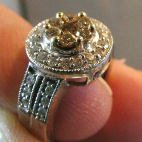 CHAMPAGNE & WHITE DIAMONDS 14k WHITE GOLD RING Size 3.5 IJDN Interjewel USA