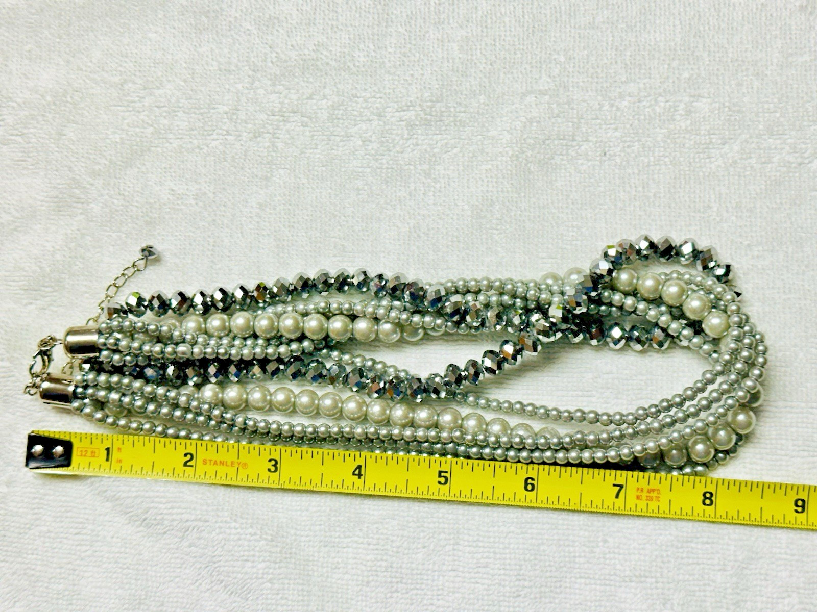 Vintage Style Multi Strand Faux Pearl Silvery Glass Bead Torsade Necklace n0175