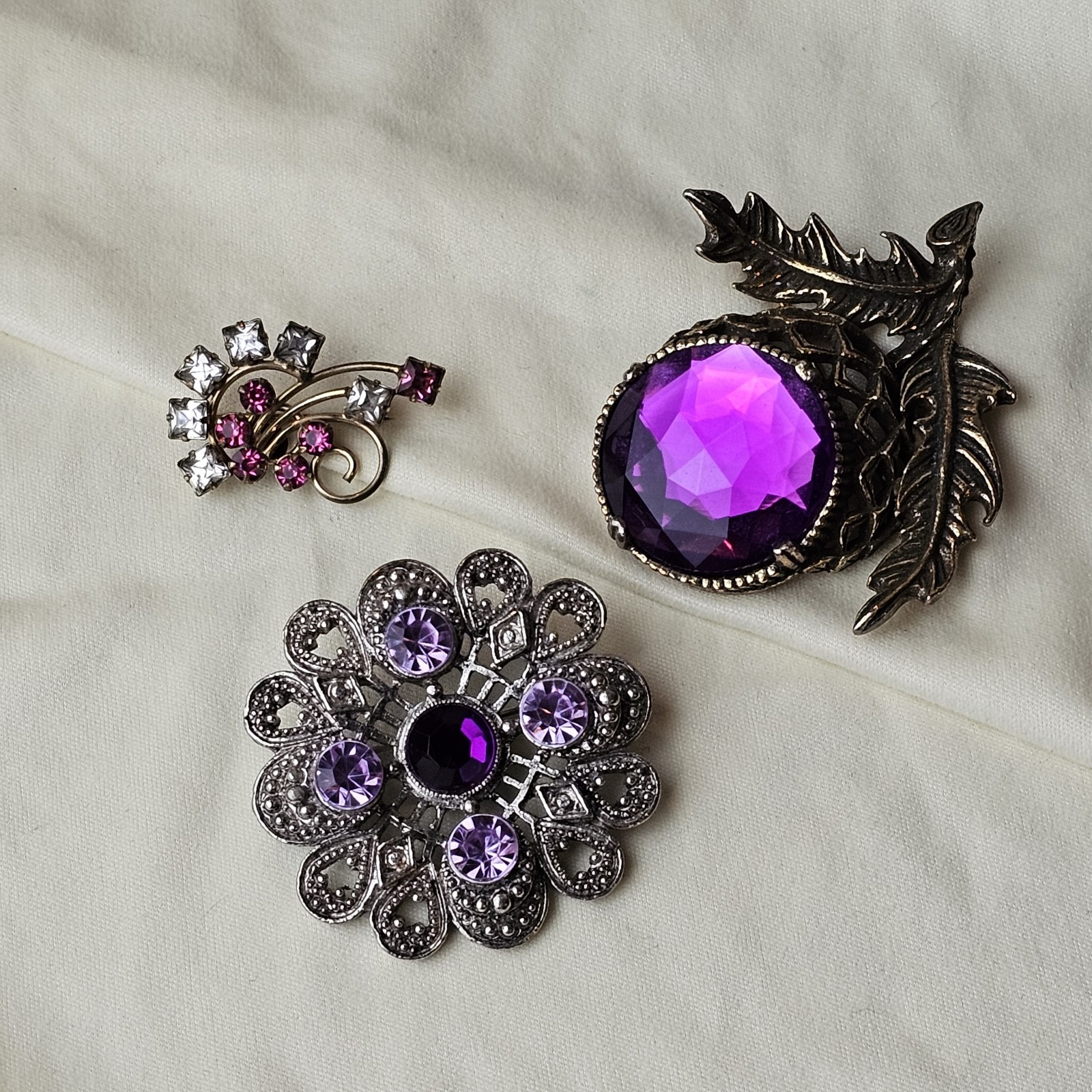 Vintage Gothic Style Filigree Silver Gold Tone Purple Rhinestone Brooch Set of 3